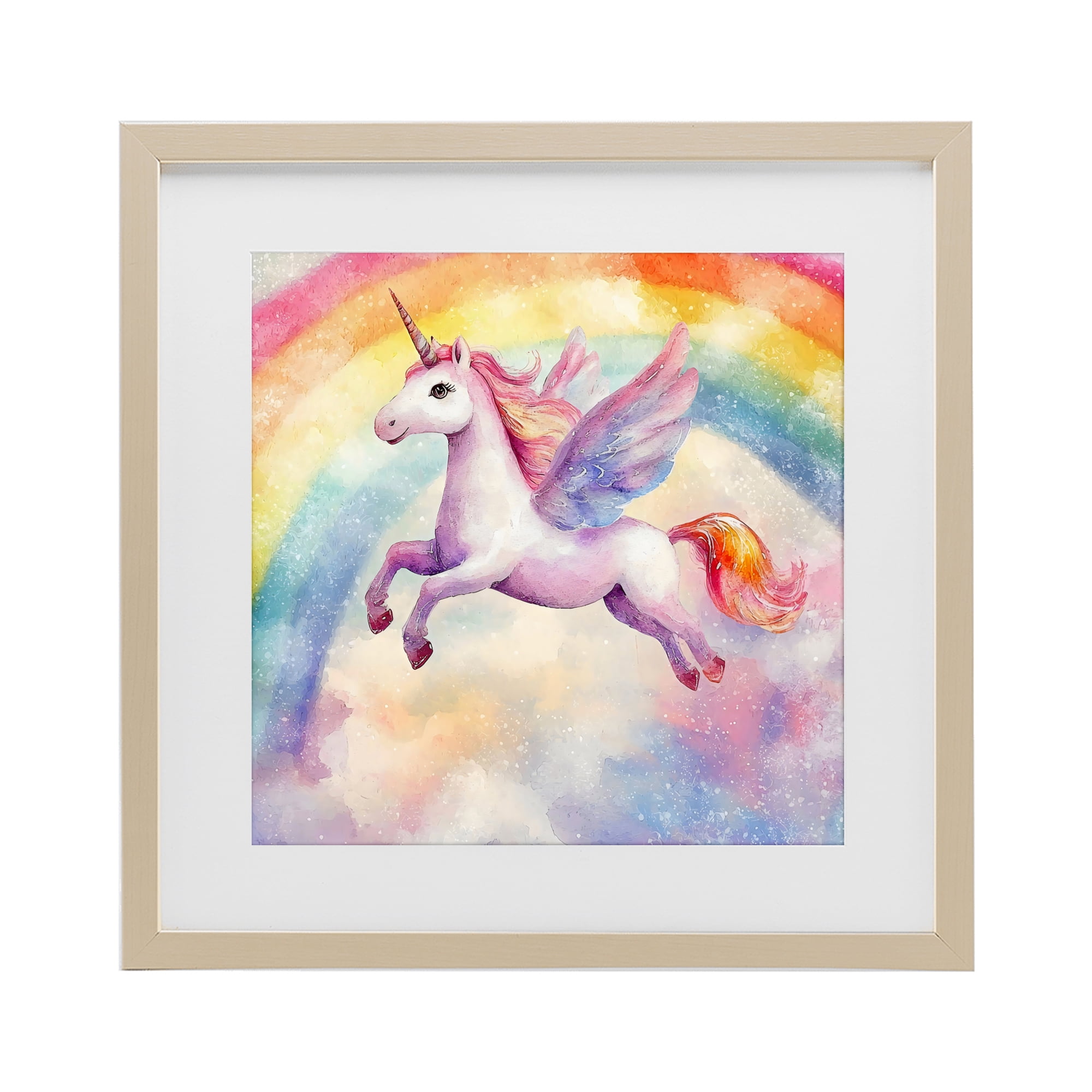 Stupell Industries Flying Unicorn In Rainbow Sky Birch Framed Print Under Glass, design by Creative Studio