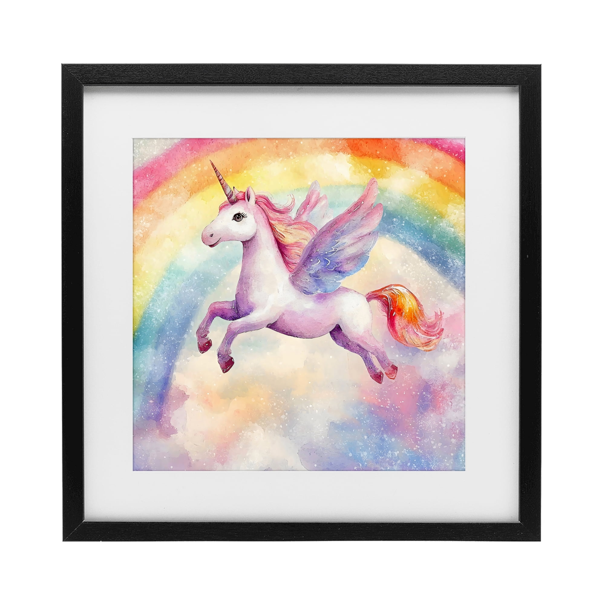 Stupell Industries Flying Unicorn In Rainbow Sky Black Framed Print Under Glass, design by Creative Studio