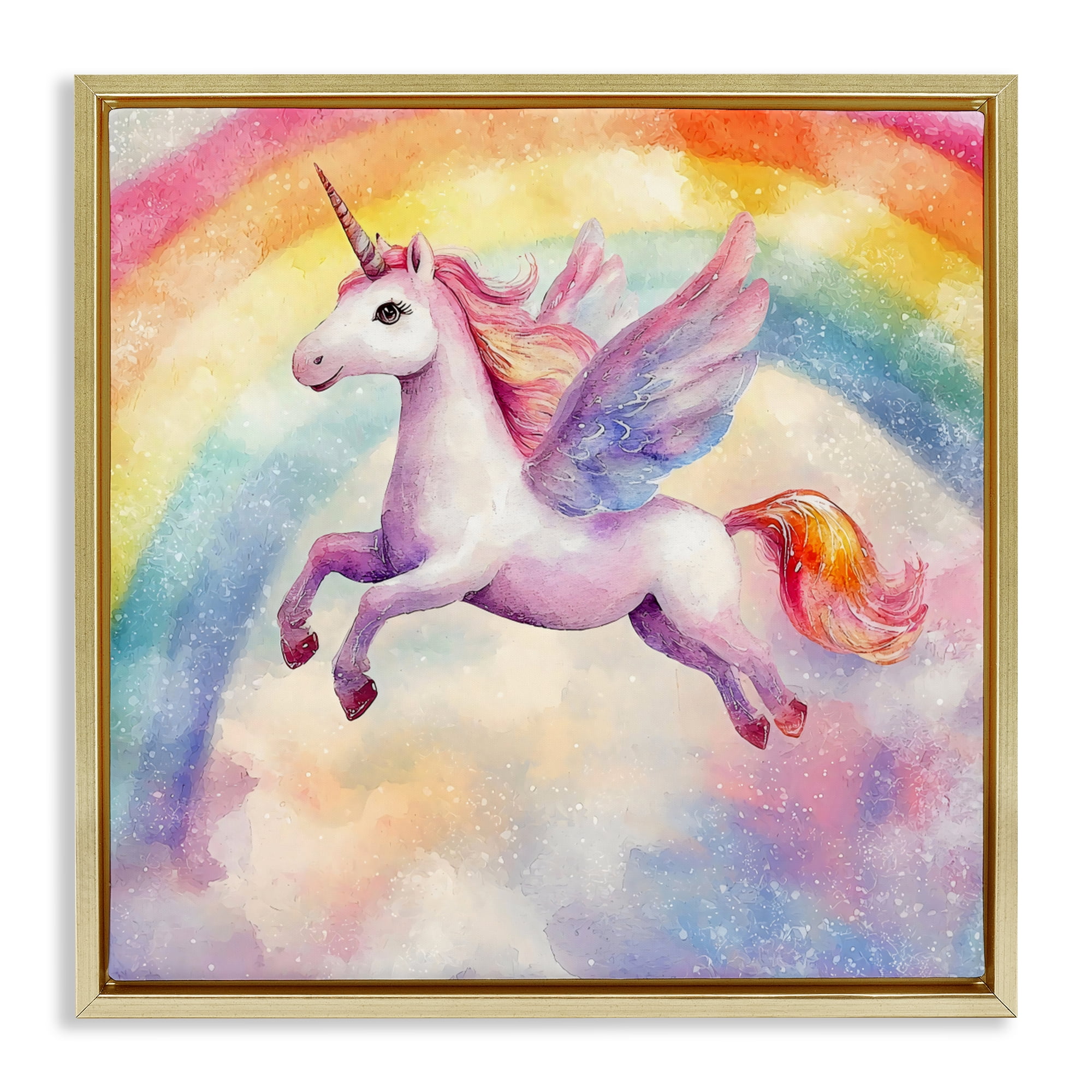 Stupell Industries Flying Unicorn In Rainbow Sky Gold Framed Floater Canvas Wall Art, design by Creative Studio