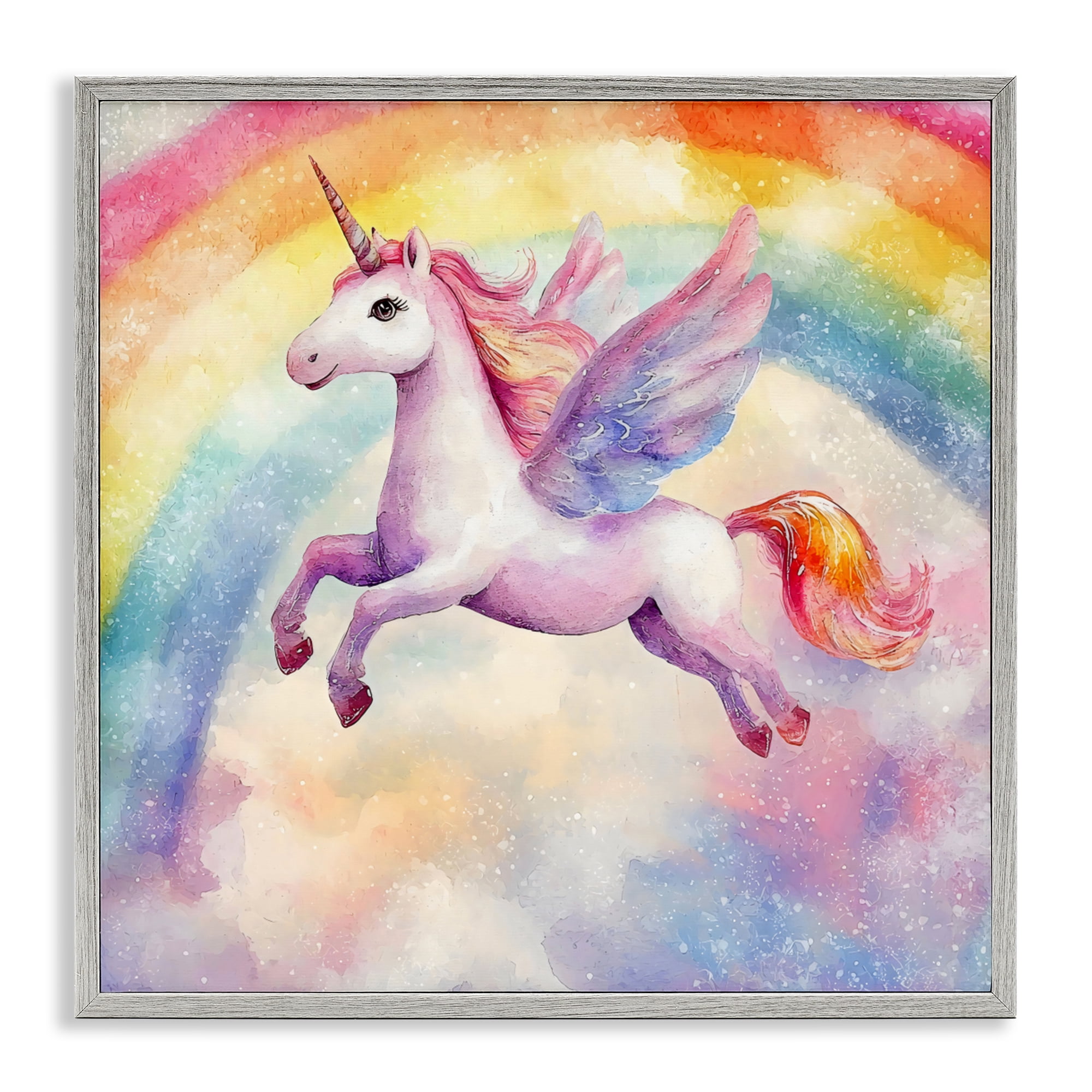 Stupell Industries Flying Unicorn In Rainbow Sky Gray Framed Giclee Art, design by Creative Studio