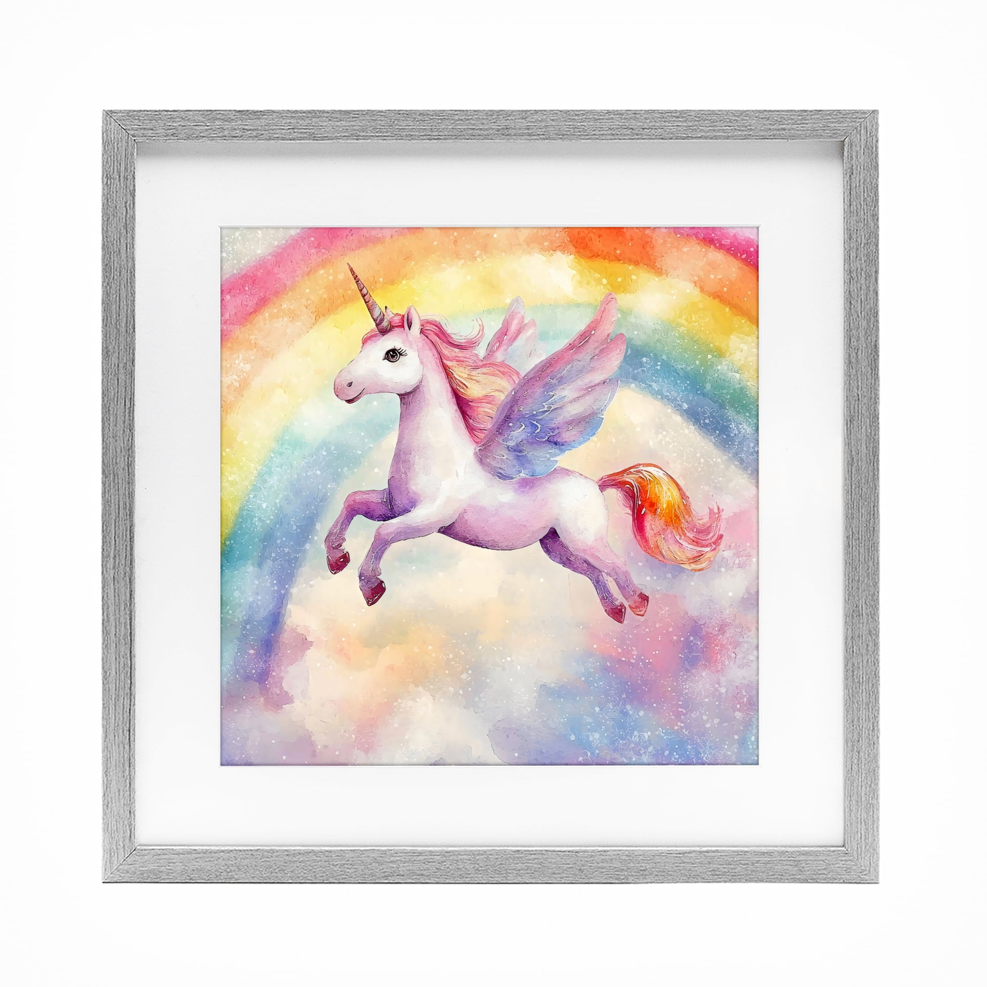 Stupell Industries Flying Unicorn In Rainbow Sky Gray Framed Print Under Glass, design by Creative Studio