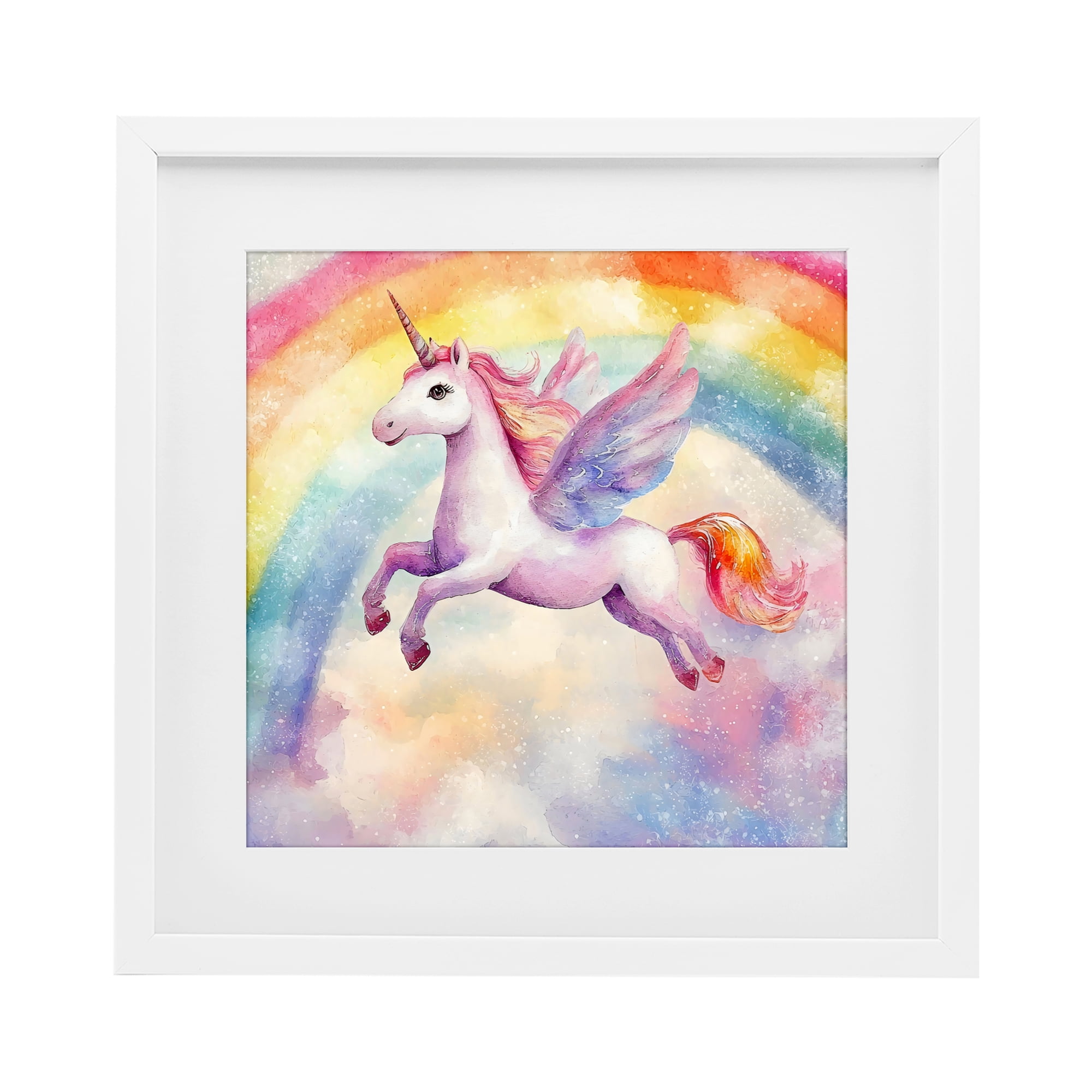 Stupell Industries Flying Unicorn In Rainbow Sky White Framed Print Under Glass, design by Creative Studio