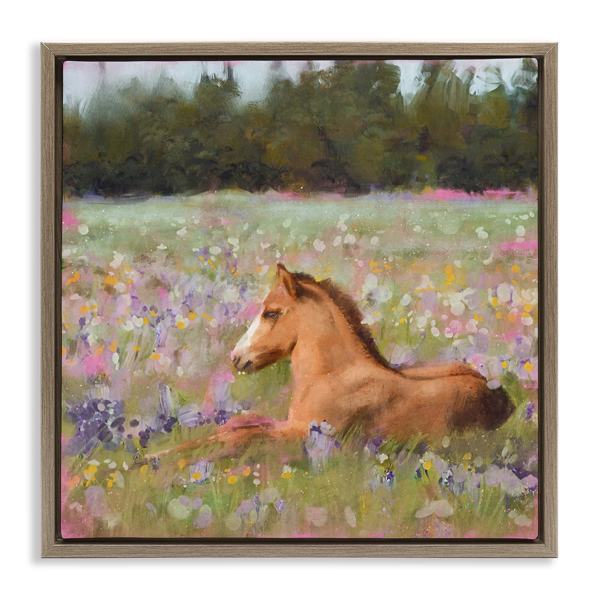 Stupell Industries Foal Horse Lounging Flower Meadow Animals & Insects Painting Brown Floater Framed Canvas Art Print Wall Art, 18 x 18