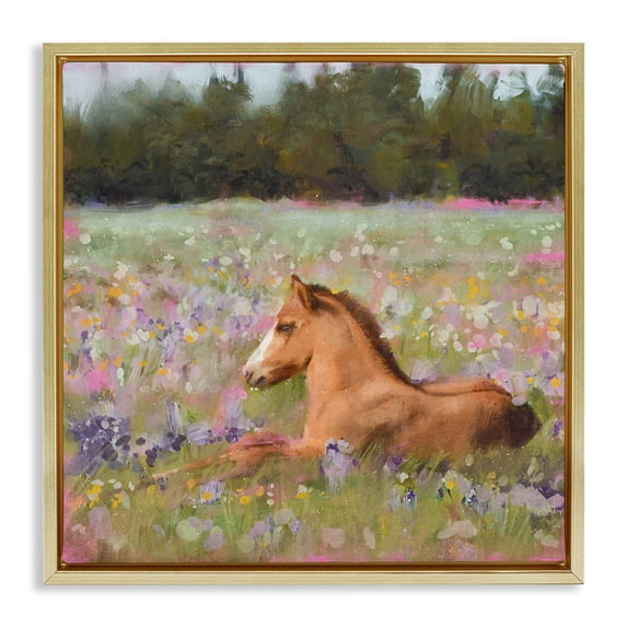 Stupell Industries Foal Horse Lounging Flower Meadow Animals & Insects Painting Gold Floater Framed Canvas Art Print Wall Art, 25 x 25