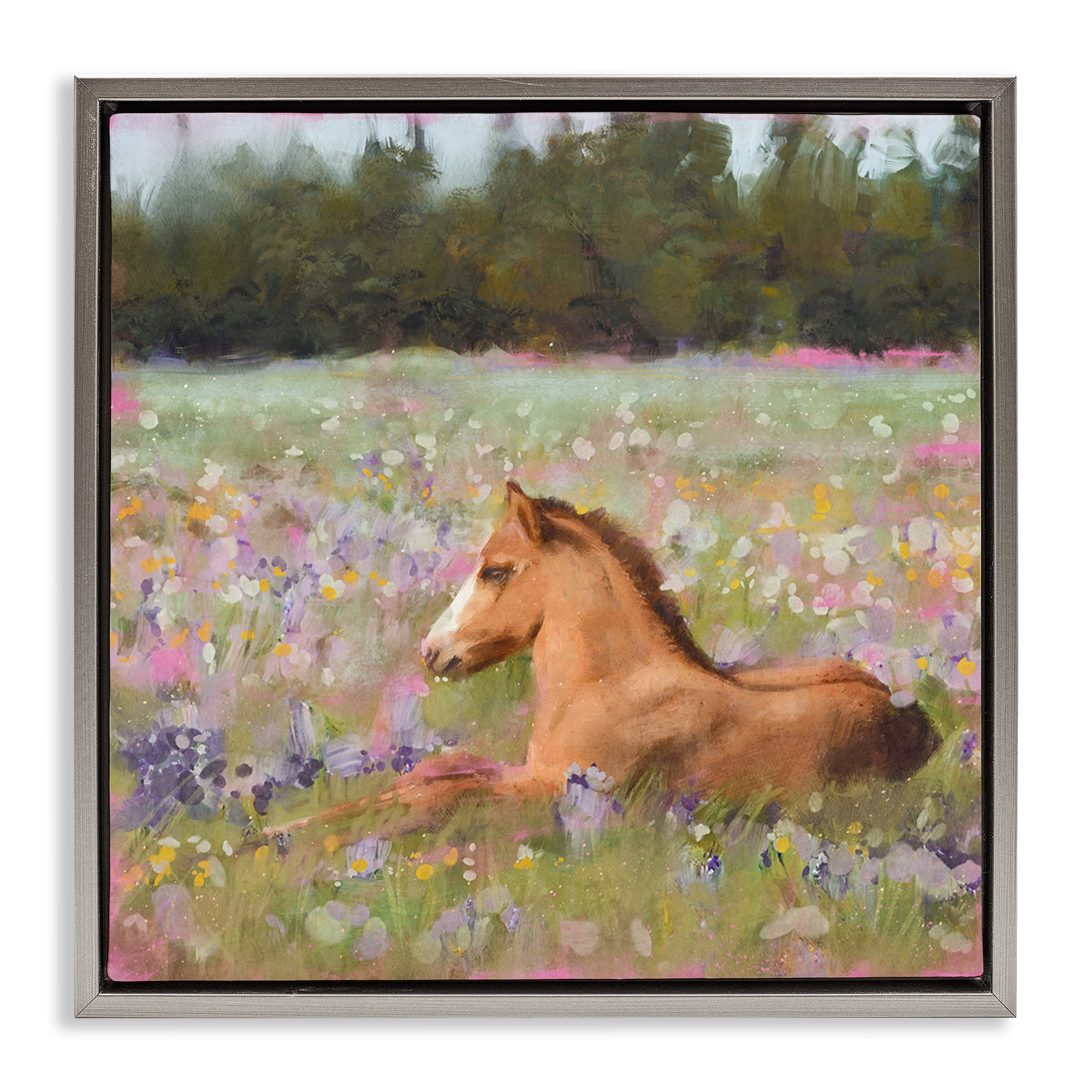 Stupell Industries Foal Horse Lounging Flower Meadow Animals & Insects Painting Gray Floater Framed Canvas Art Print Wall Art, 18 x 18