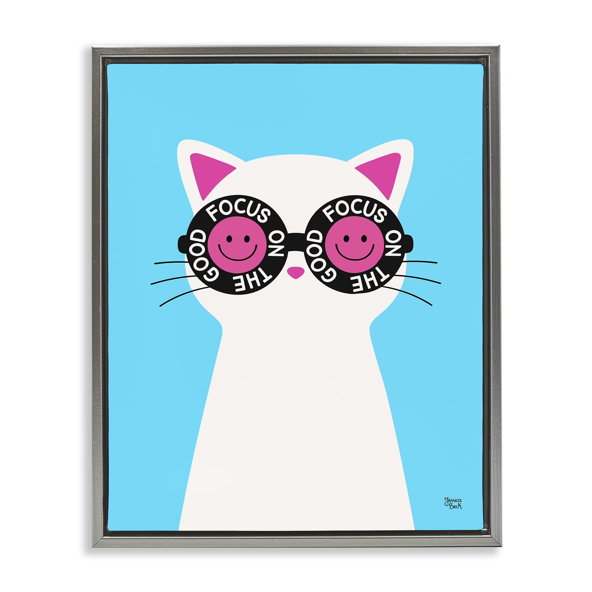 Stupell Industries Focus On Good Cat Animals Painting Gray Floater Framed Canvas Art Print Wall Art, 17 x 21