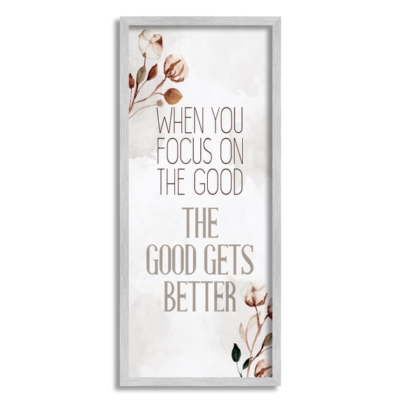 Stupell Industries Focus on the Good Phrase Soft Country Cotton Florals Modern Painting Gray Framed Art Print Wall Art, 10 x 24, Design by Kim Allen