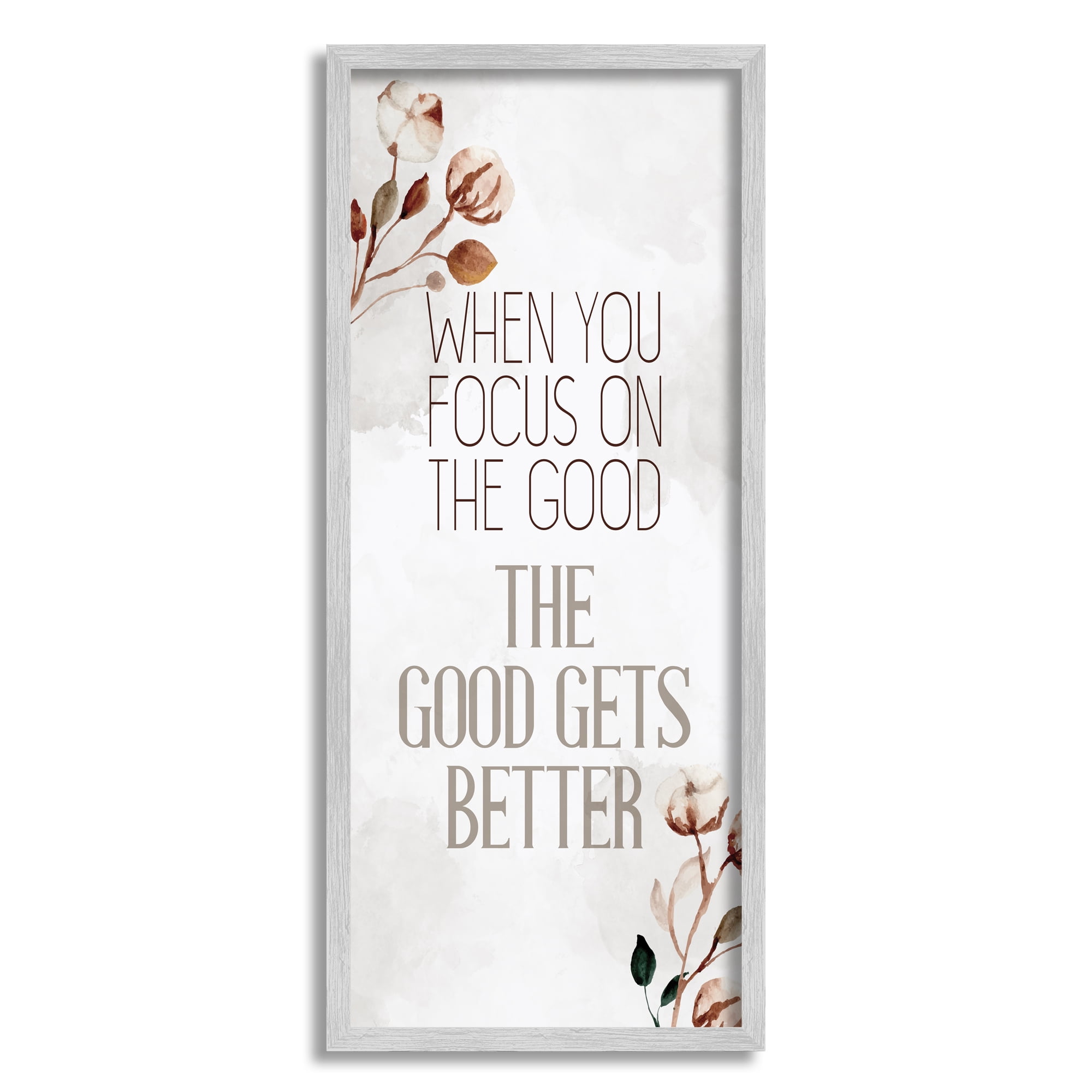 Stupell Industries Focus on the Good Phrase Soft Country Cotton Florals Modern Painting Gray Framed Art Print Wall Art, 13 x 30, Design by Kim Allen