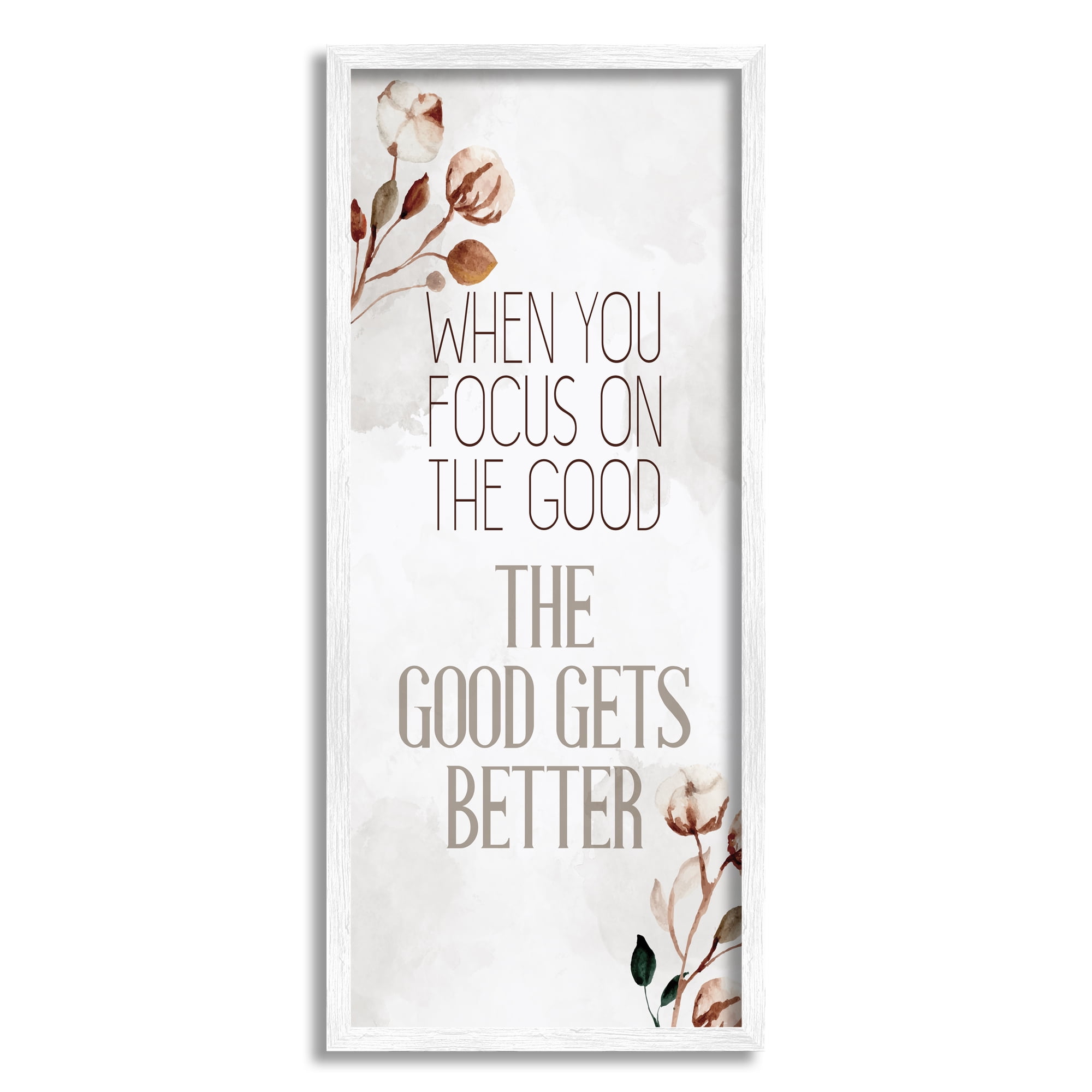 Stupell Industries Focus on the Good Phrase Soft Country Cotton Florals Modern Painting White Framed Art Print Wall Art, 13 x 30, Design by Kim Allen