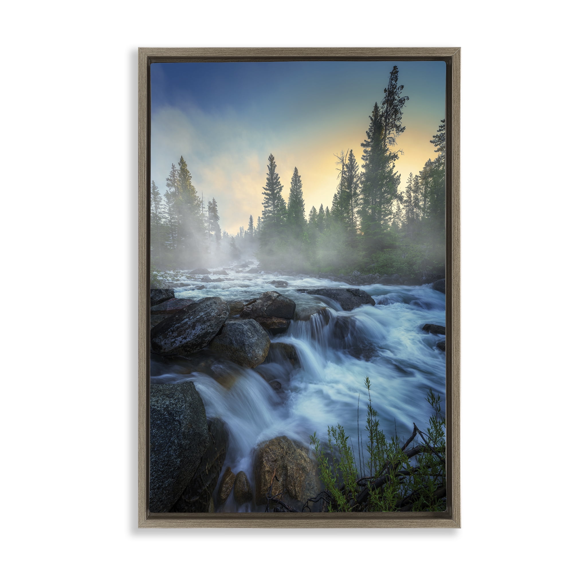 Stupell Industries Fog Over Rushing Water Landscape & Nature Photography Brown Floater Framed Canvas Art Print Wall Art, 17 x 25