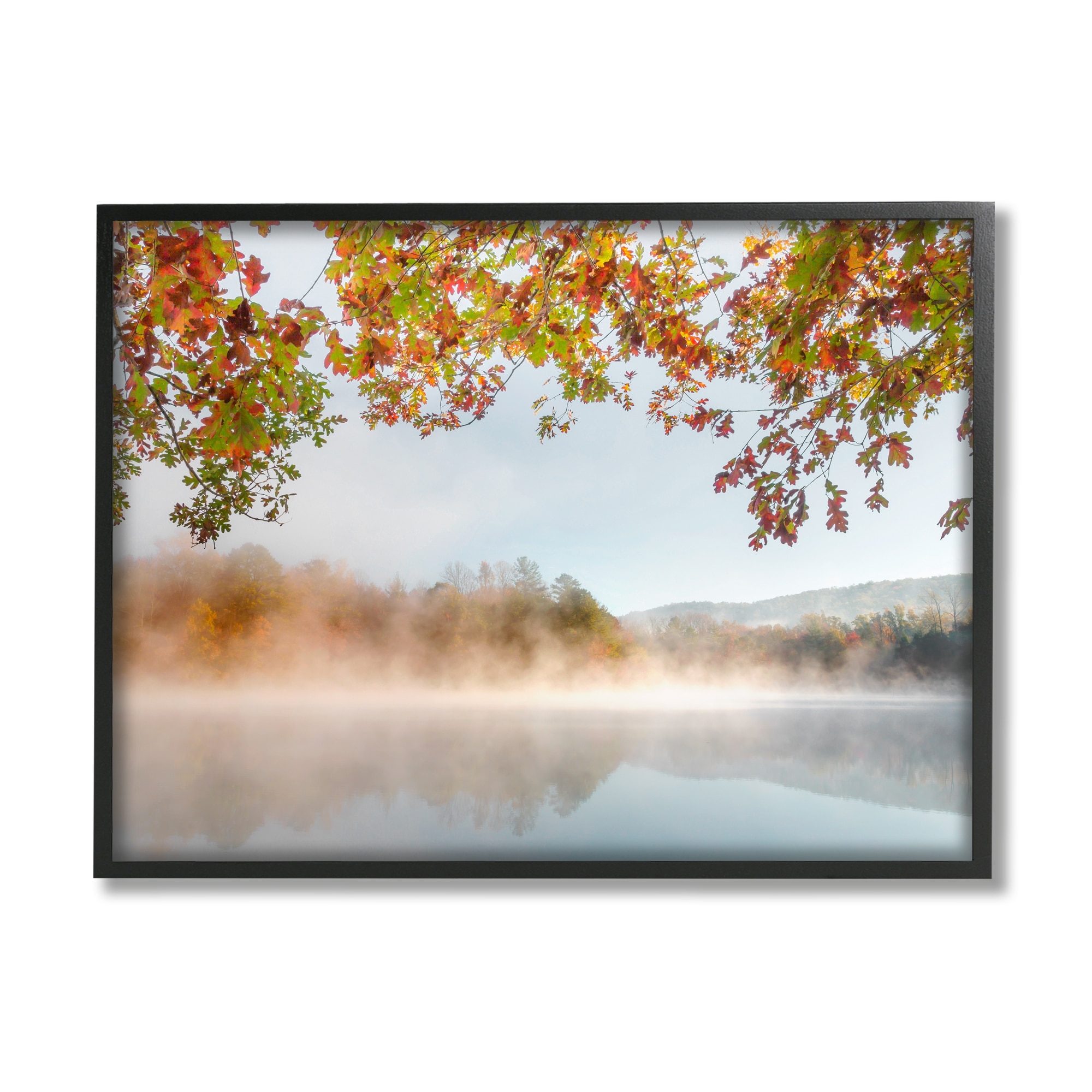 Stupell Industries Foggy Autumn Lake Landscape Fall Tree Leaf Overhang Photography Black Framed Art Print Wall Art, 14x11, by Danita Delimont