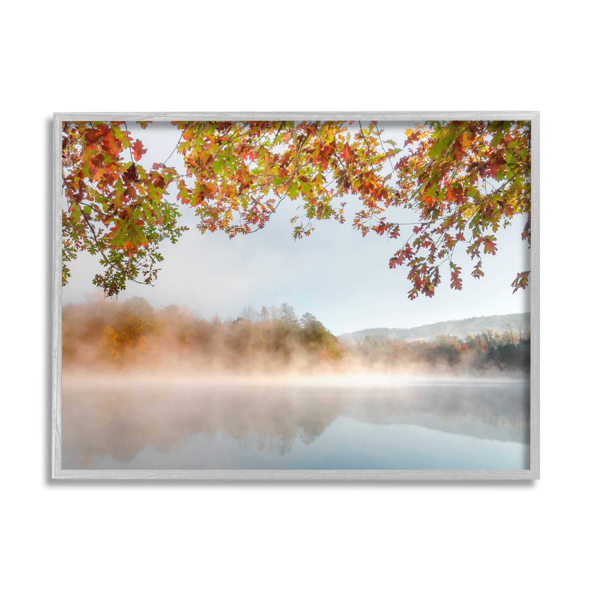 Stupell Industries Foggy Autumn Lake Landscape Fall Tree Leaf Overhang Photography Gray Framed Art Print Wall Art, 14x11, by Danita Delimont