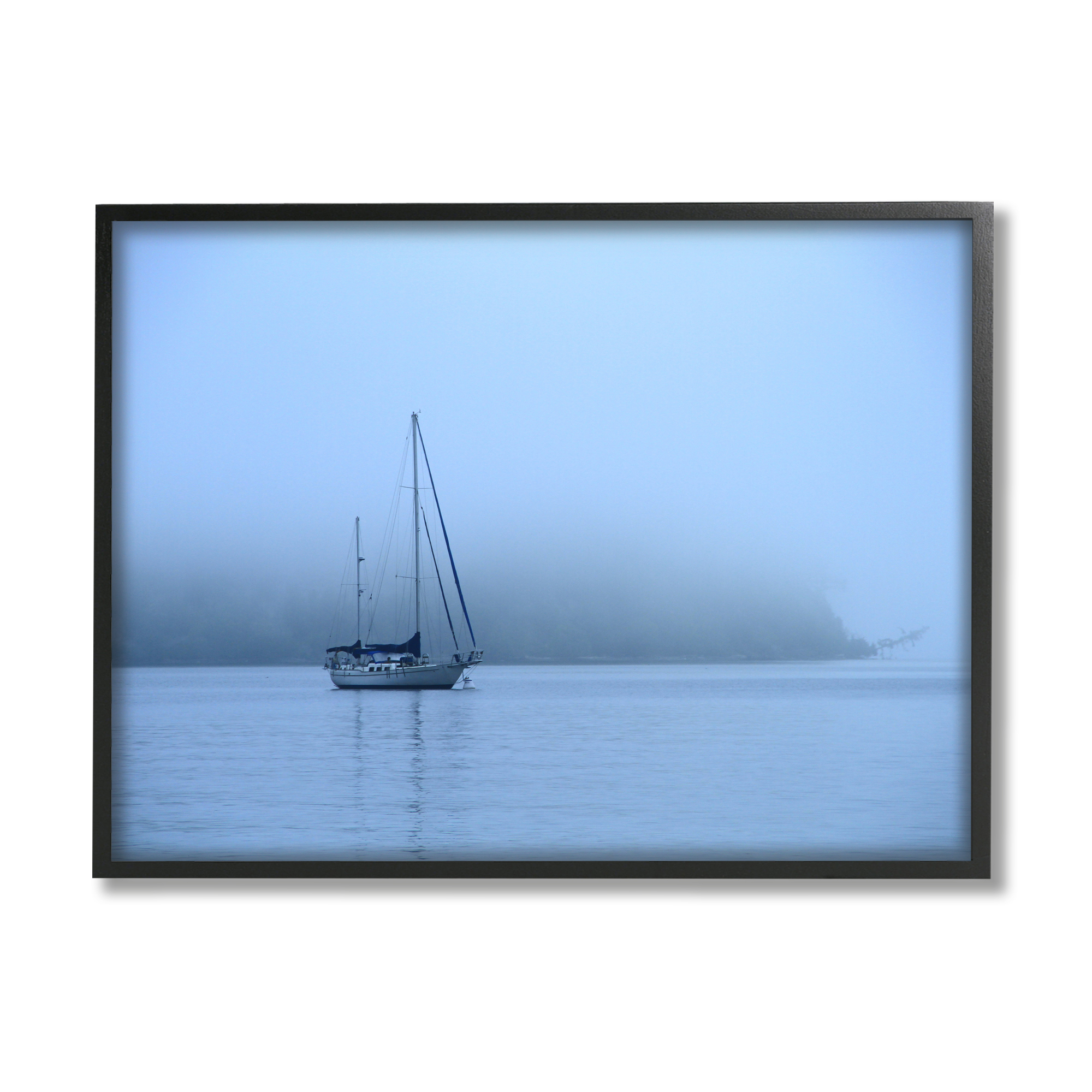 Stupell Industries Foggy Boat Sailing Landscape Photography Black Framed Art Print Wall Art, 30 x 24