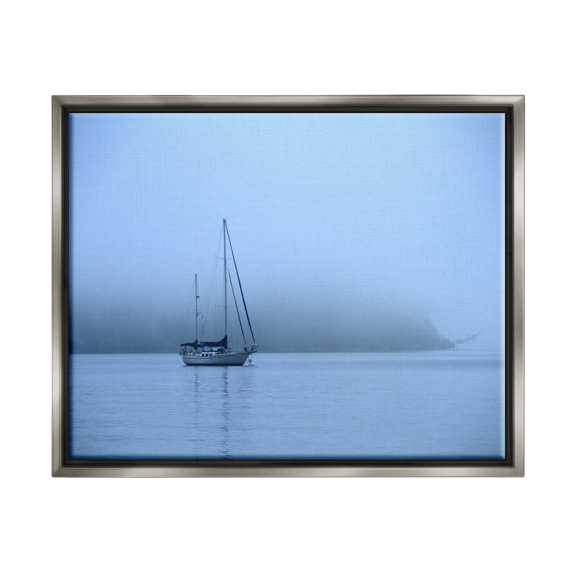 Stupell Industries Foggy Boat Sailing Landscape Photography Gray Floater Framed Canvas Art Print Wall Art, 21 x 17