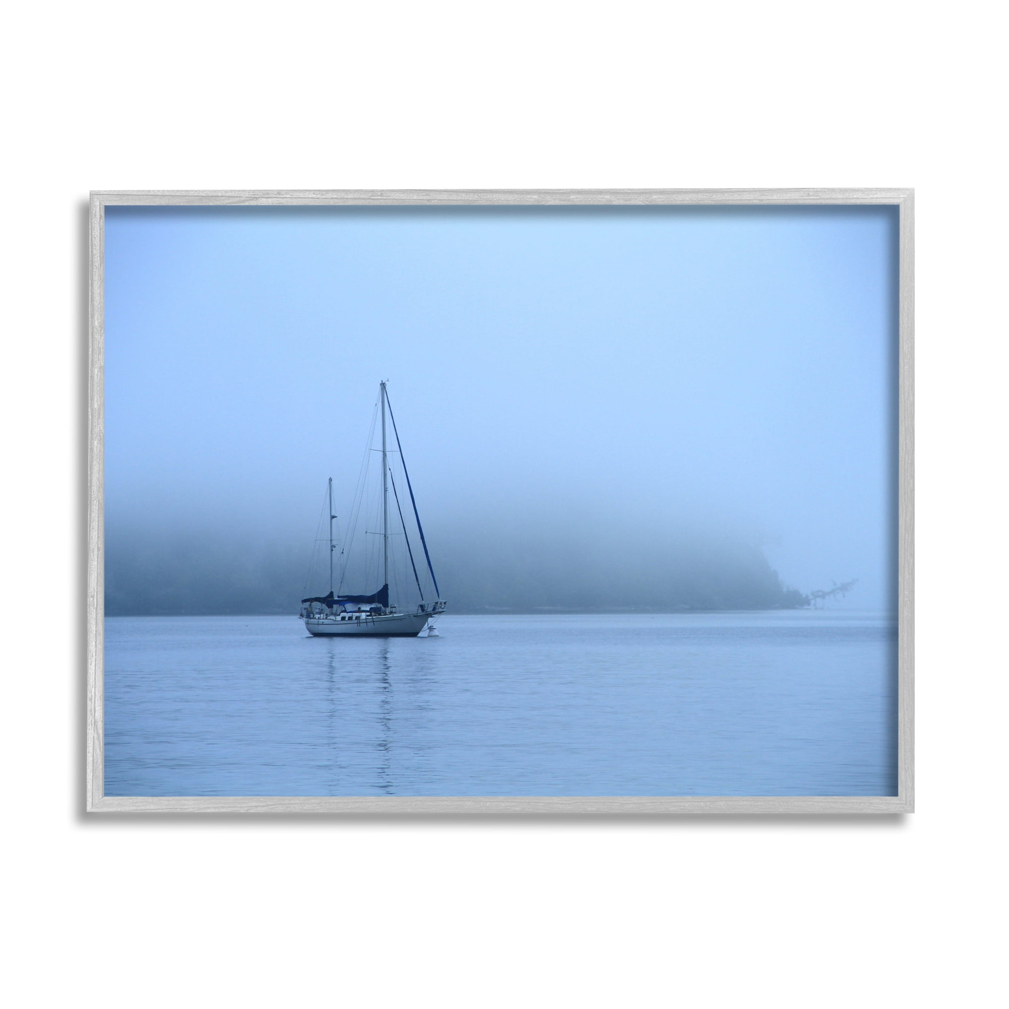 Stupell Industries Foggy Boat Sailing Landscape Photography Gray Framed Art Print Wall Art, 20 x 16