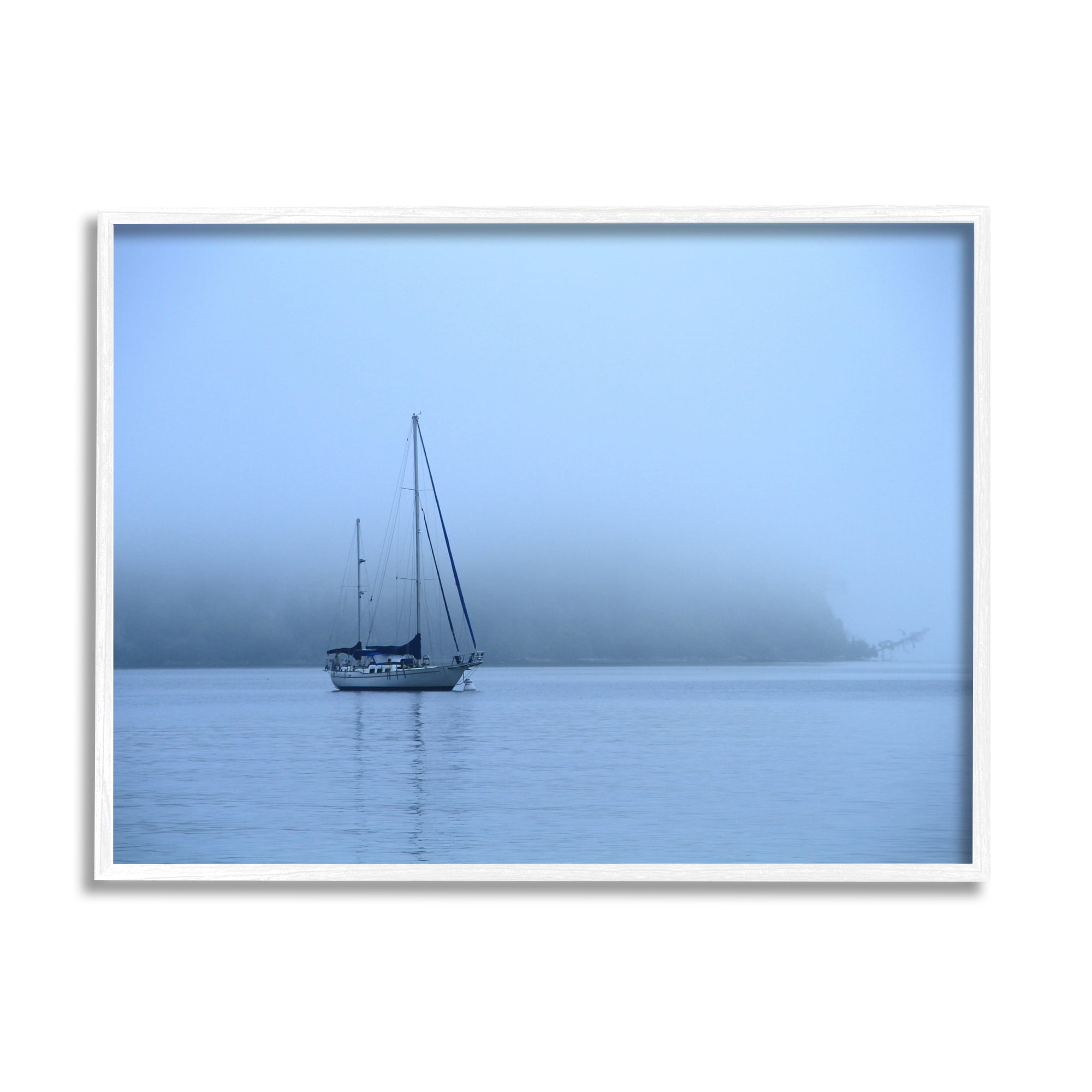 Stupell Industries Foggy Boat Sailing Landscape Photography White Framed Art Print Wall Art, 20 x 16