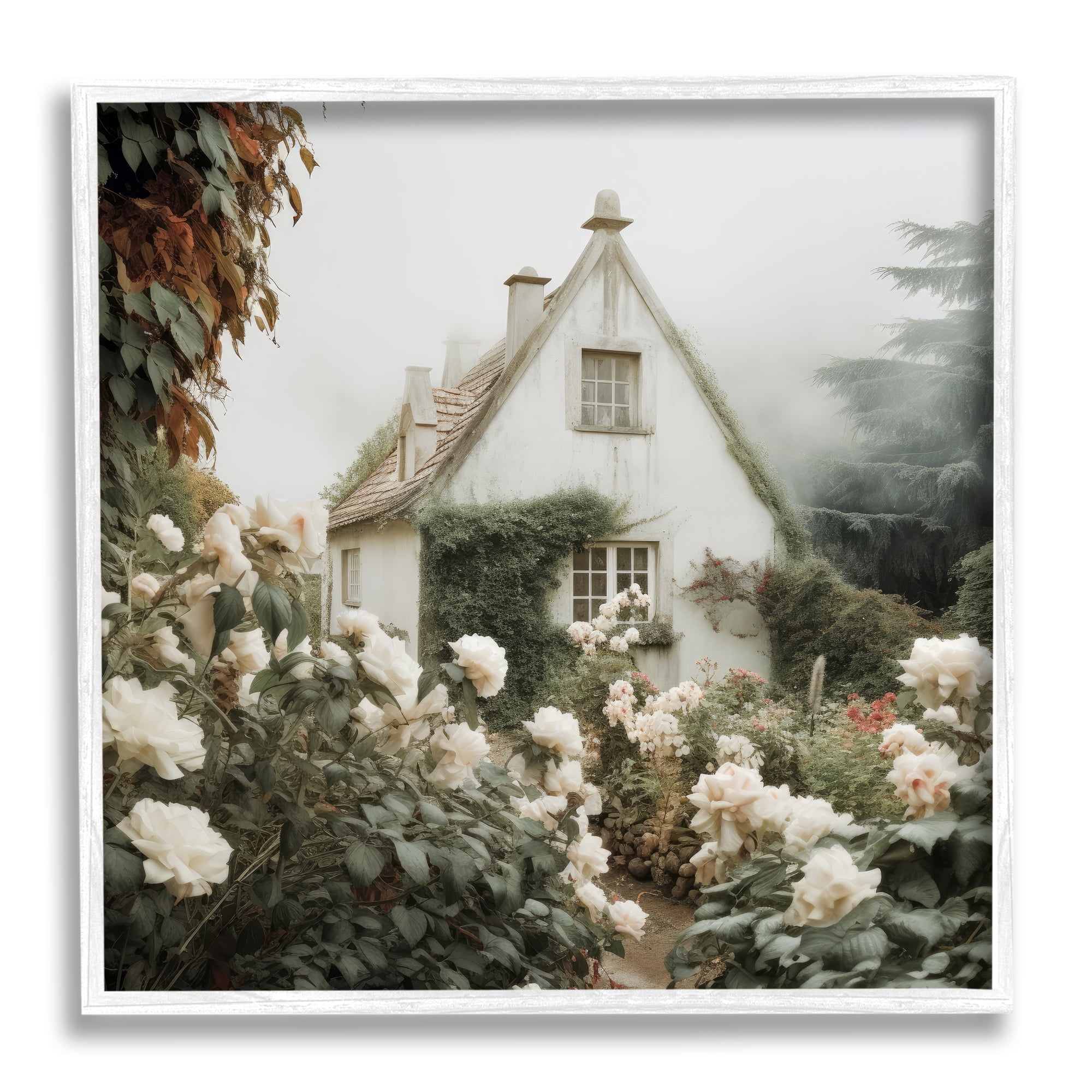 Stupell Industries Foggy Cottage Garden Botanical & Floral Photography White Framed Art Print Wall Art, 24 x 24