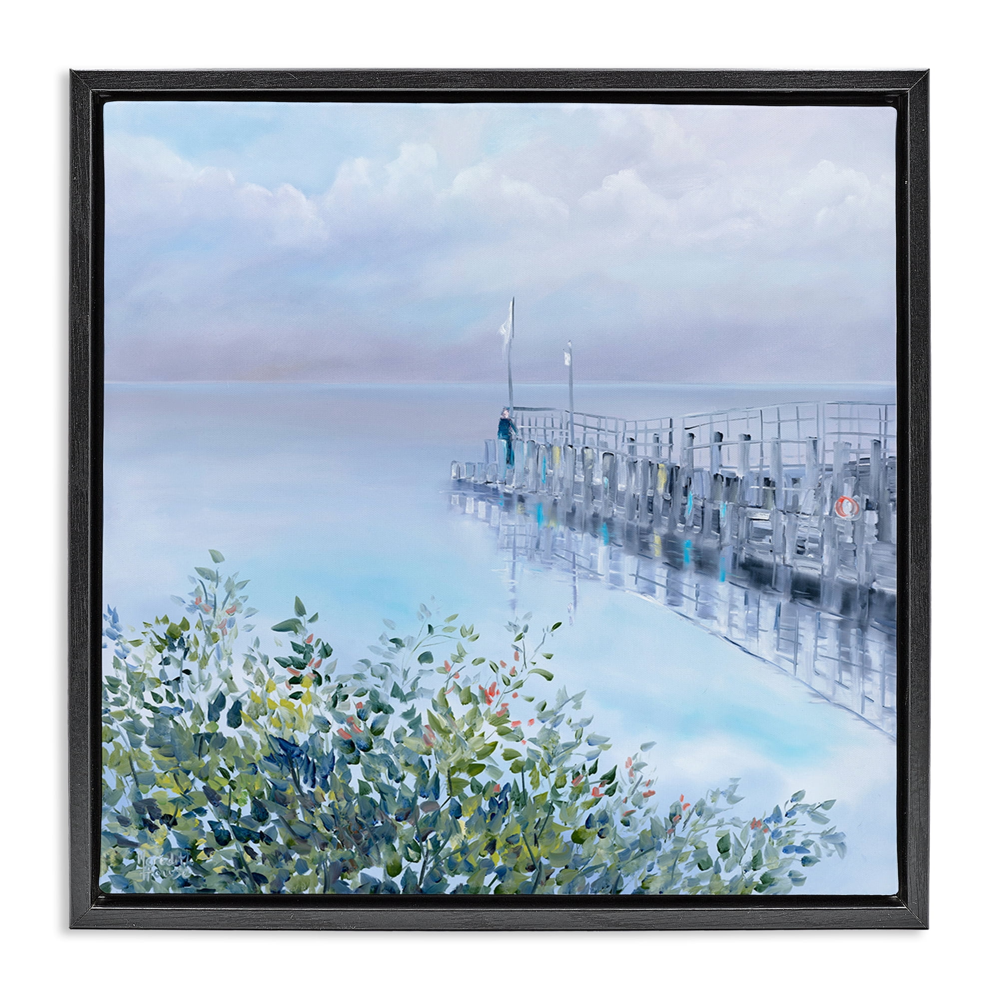 Stupell Industries Foggy Harbor Dock Landscape Painting Black Floater Framed Canvas Art Print Wall Art, 25 x 25