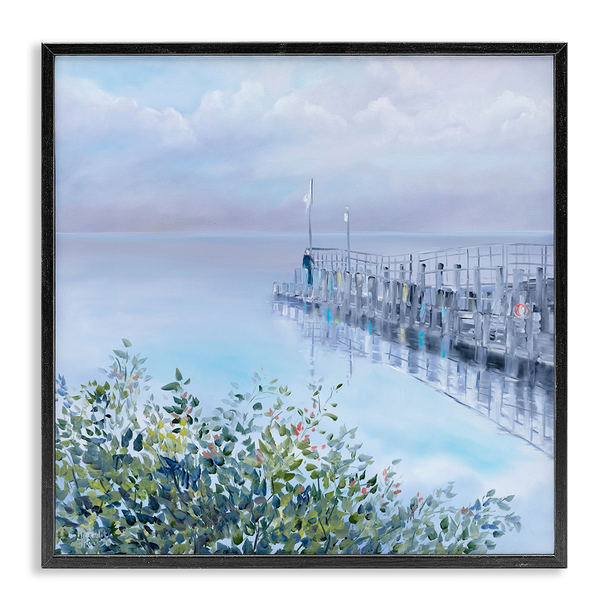 Stupell Industries Foggy Harbor Dock Landscape Painting Black Framed Art Print Wall Art, 24 x 24