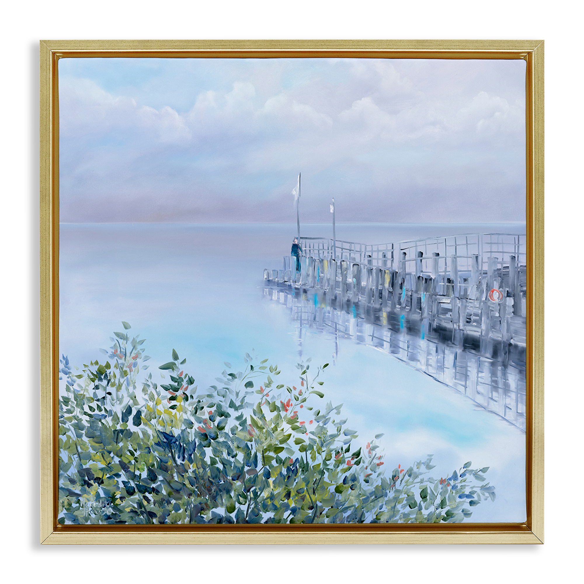 Stupell Industries Foggy Harbor Dock Landscape Painting Gold Floater Framed Canvas Art Print Wall Art, 18 x 18