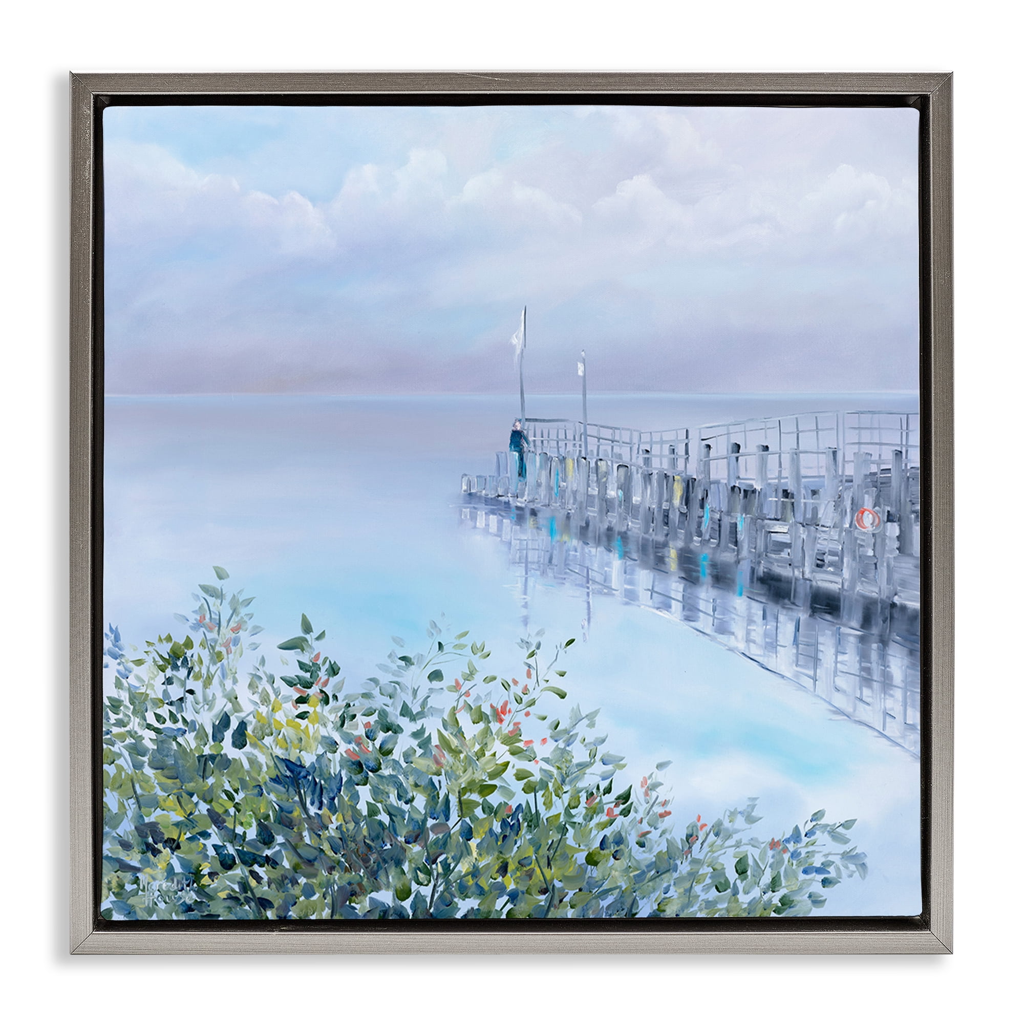 Stupell Industries Foggy Harbor Dock Landscape Painting Gray Floater Framed Canvas Art Print Wall Art, 25 x 25