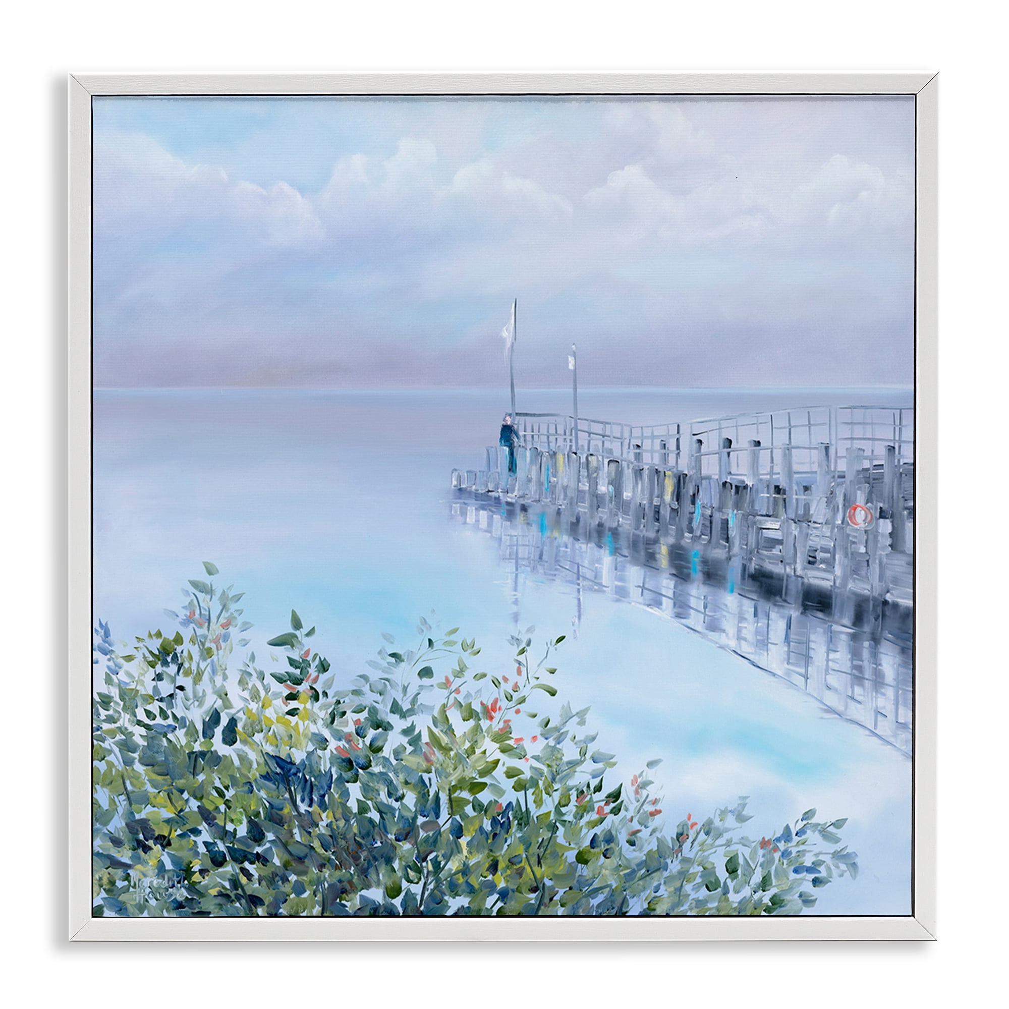 Stupell Industries Foggy Harbor Dock Landscape Painting White Framed Art Print Wall Art, 17 x 17