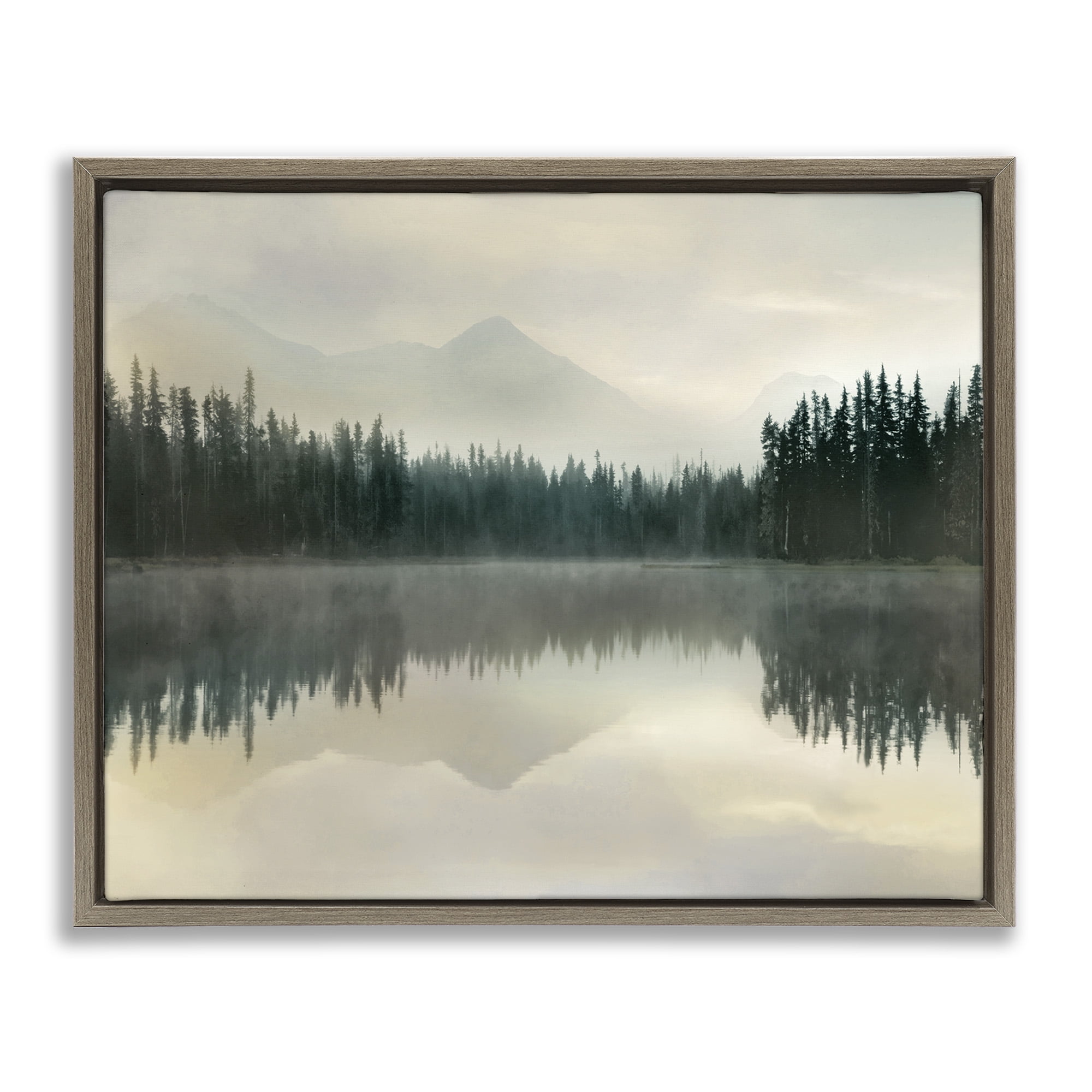 Foggy Lake Forest Landscape Green and Brown Framed Canvas Print, 21 x 17