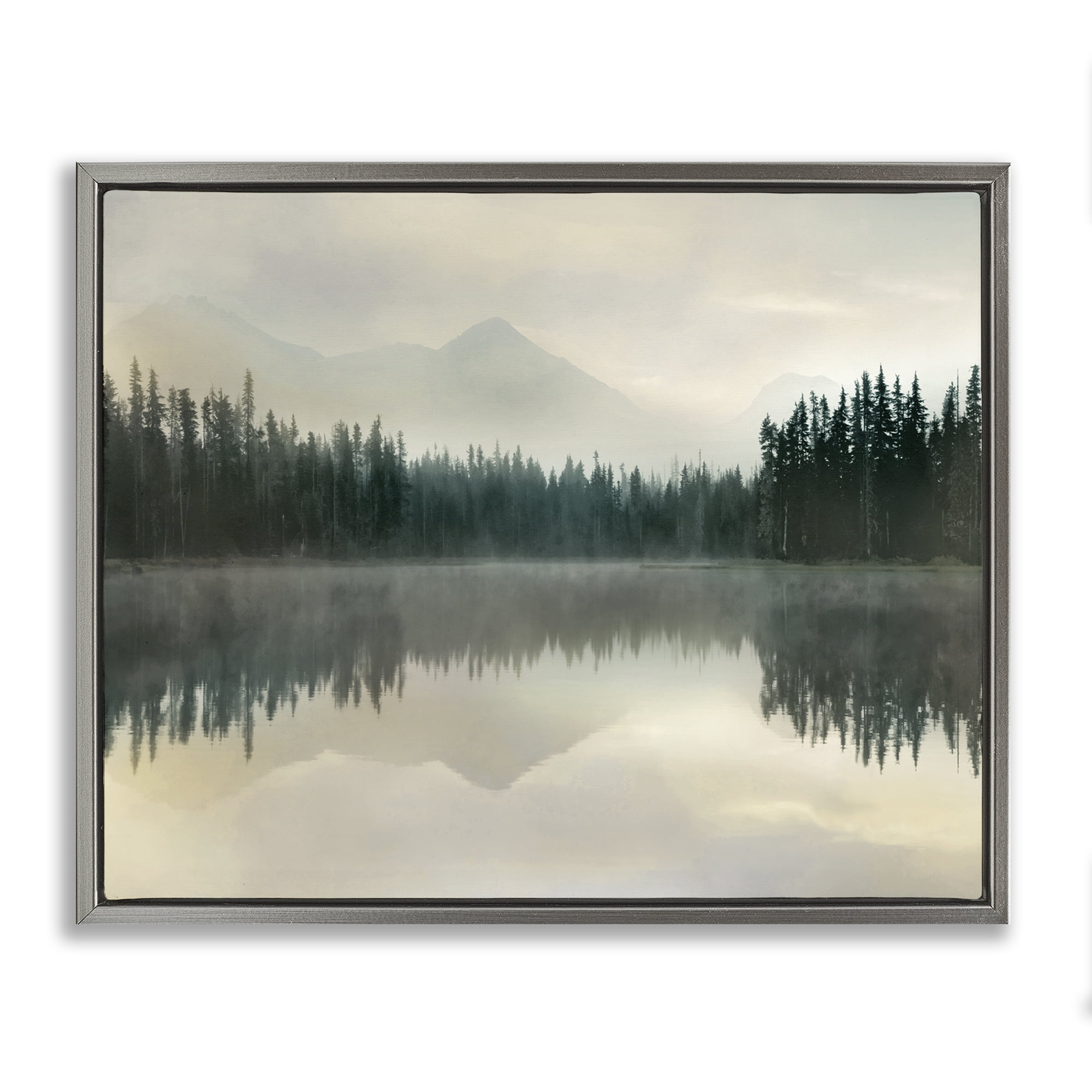 Foggy Lake Forest Landscape Reflection Gray Floating Frame Canvas Art, 21 x 17
