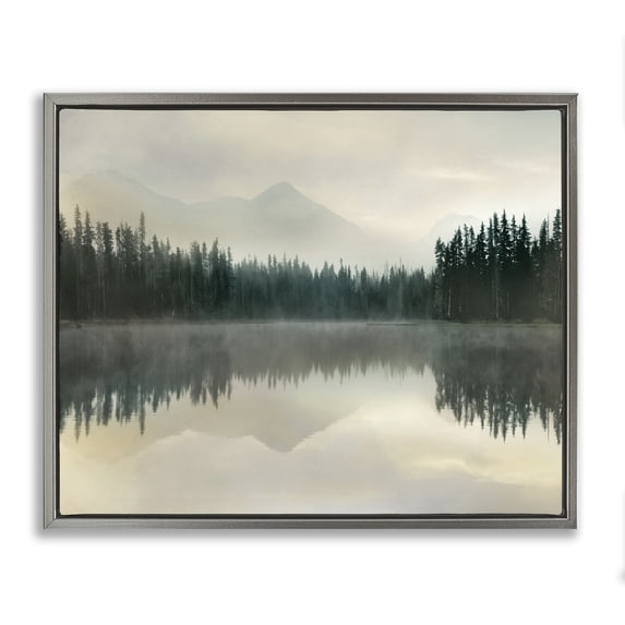 Foggy Lake Forest Landscape Reflection Gray Floating Frame Canvas Art, 21 x 17