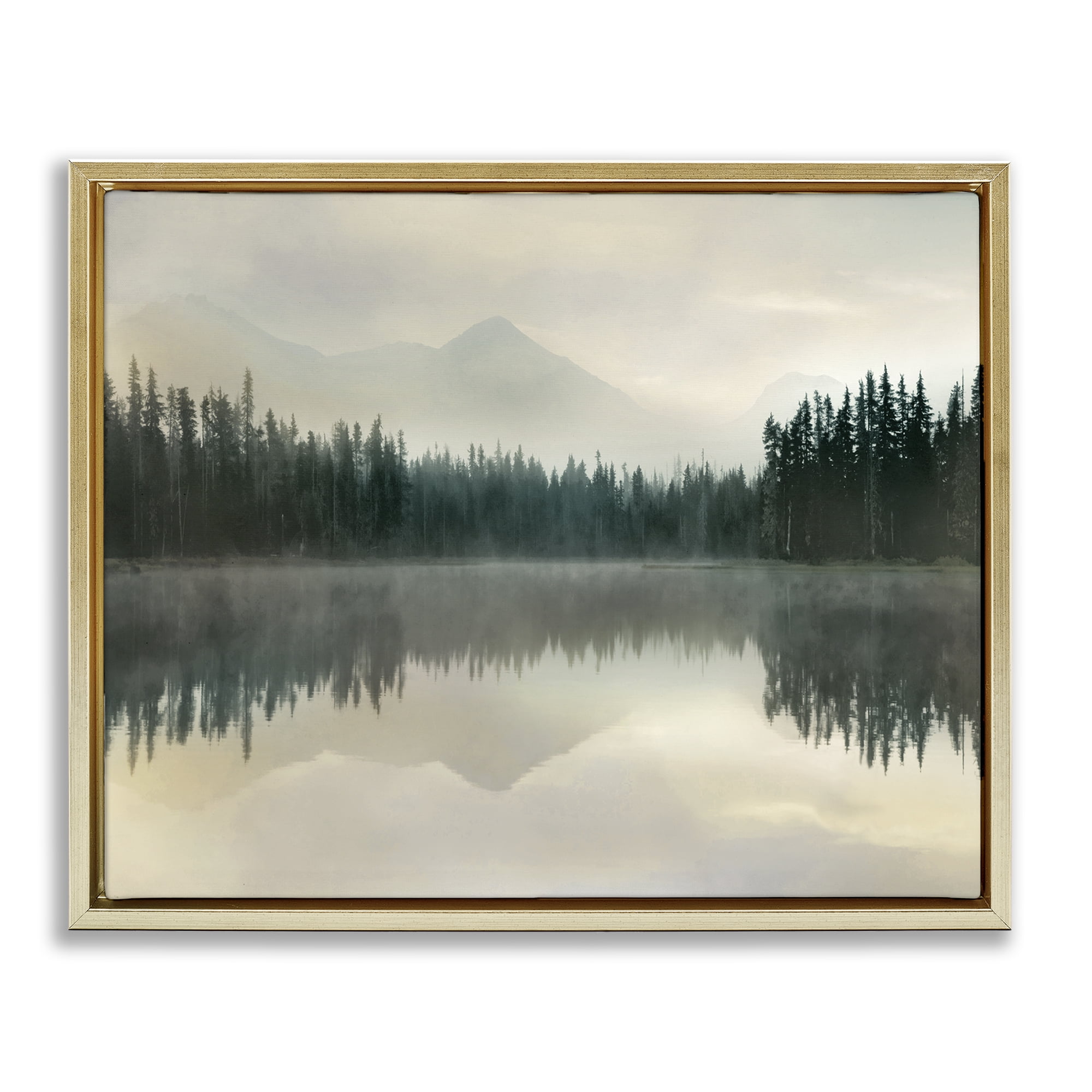 Foggy Lake Forest Landscape Reflection Gold Floating Frame Canvas Art, 21 x 17