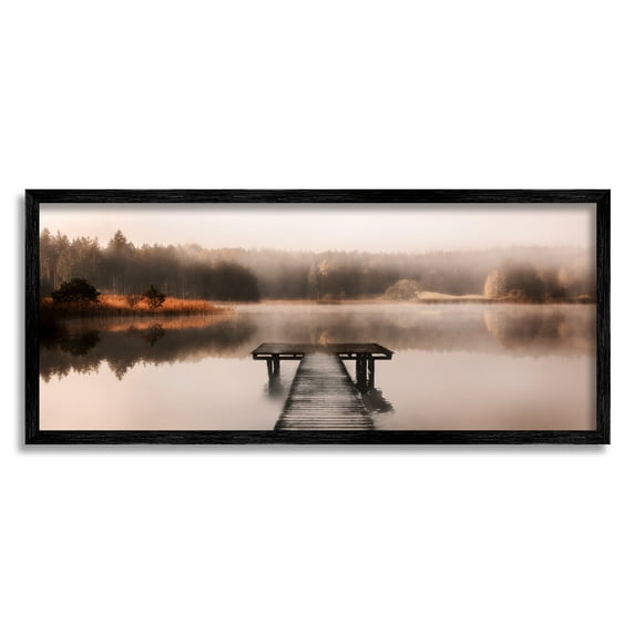Stupell Industries Foggy Lake Pier Landscape Photography Black Framed Art Print Wall Art, 24 x 10