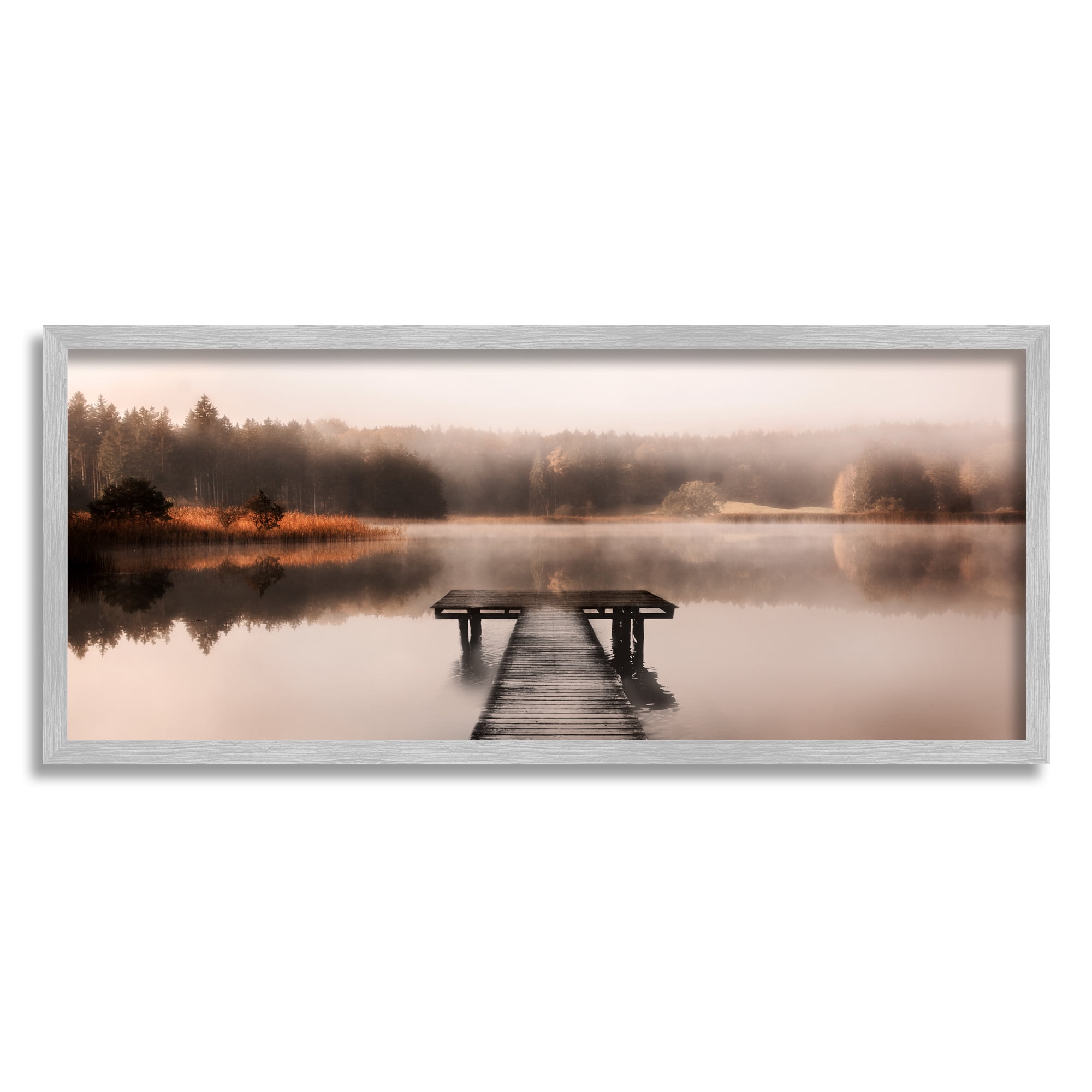 Stupell Industries Foggy Lake Pier Landscape Photography Gray Framed Art Print Wall Art, 30 x 13