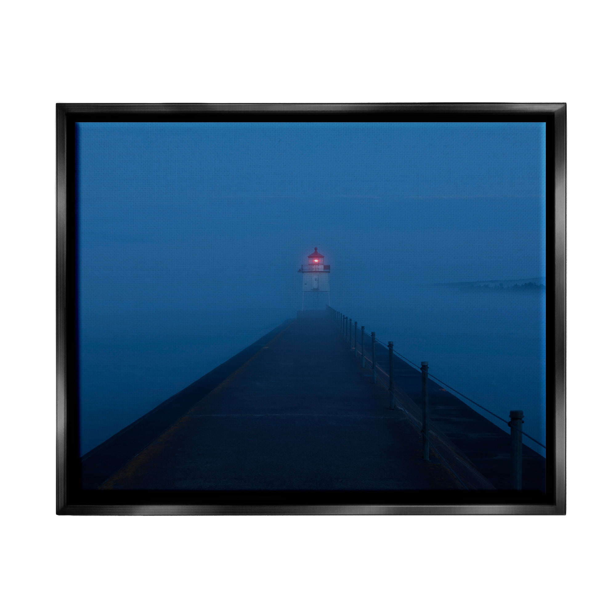 Stupell Industries Foggy Lighthouse Dock Landscape Photography Black Floater Framed Canvas Art Print Wall Art, 21 x 17