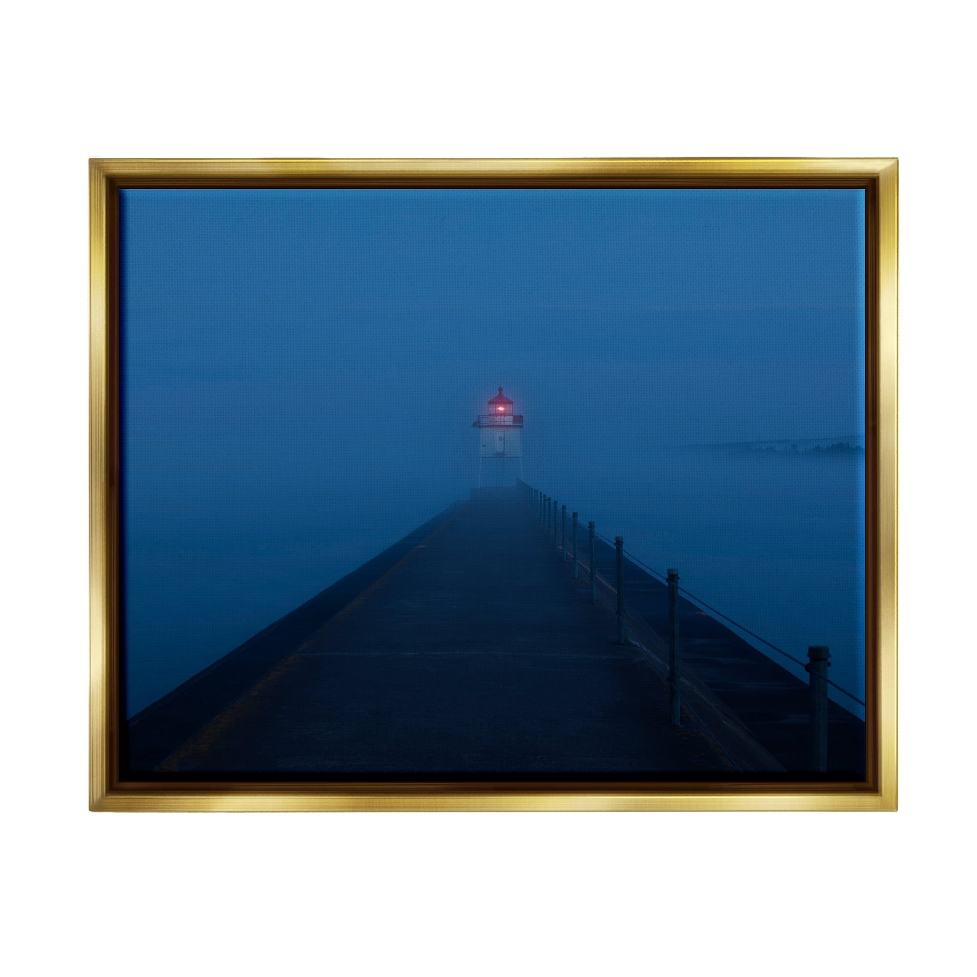 Stupell Industries Foggy Lighthouse Dock Landscape Photography Gold Floater Framed Canvas Art Print Wall Art, 21 x 17