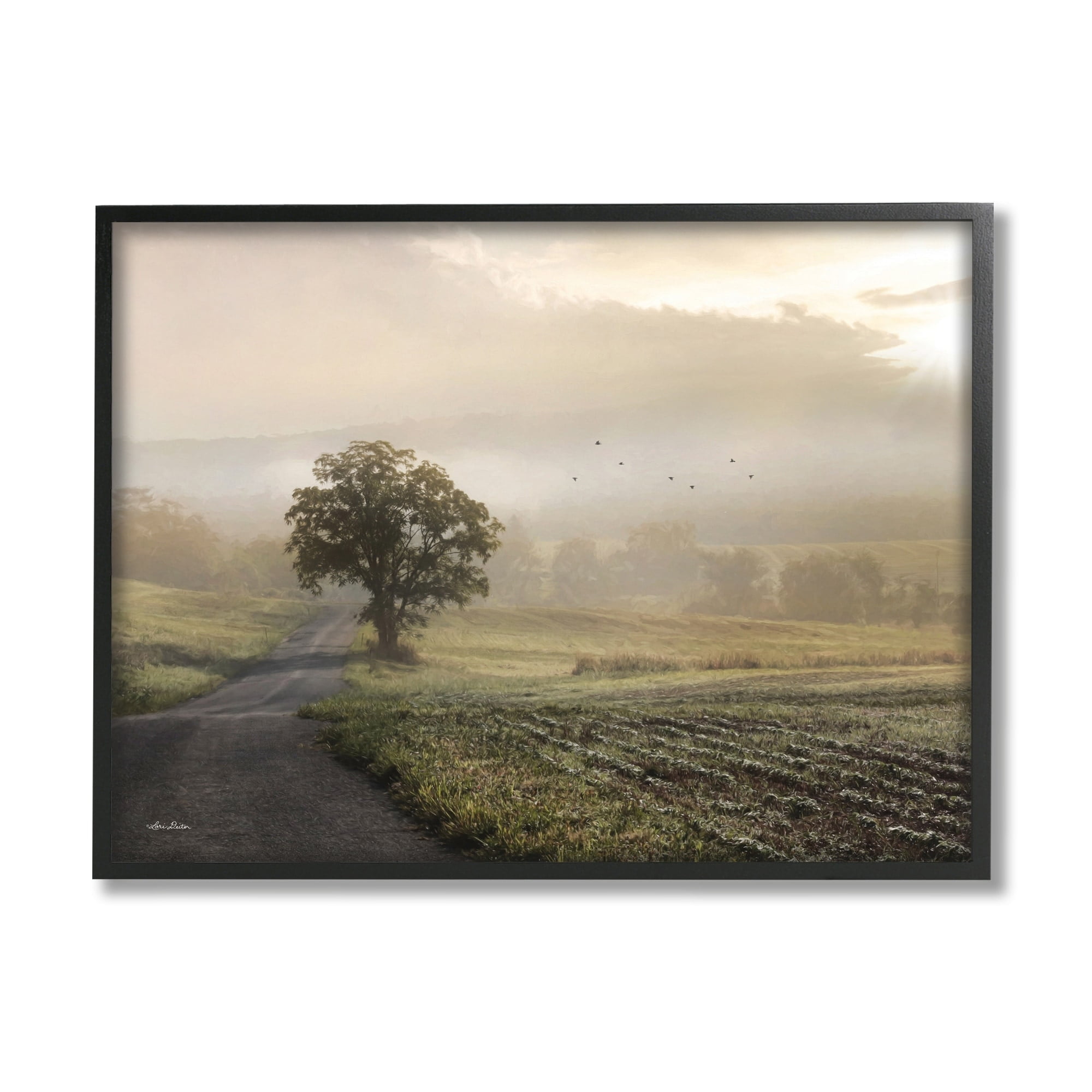 Stupell Industries Foggy Misty Morning Lone Tree Farmland Field Photography Black Framed Art Print Wall Art, 20x16, by Lori Deiter
