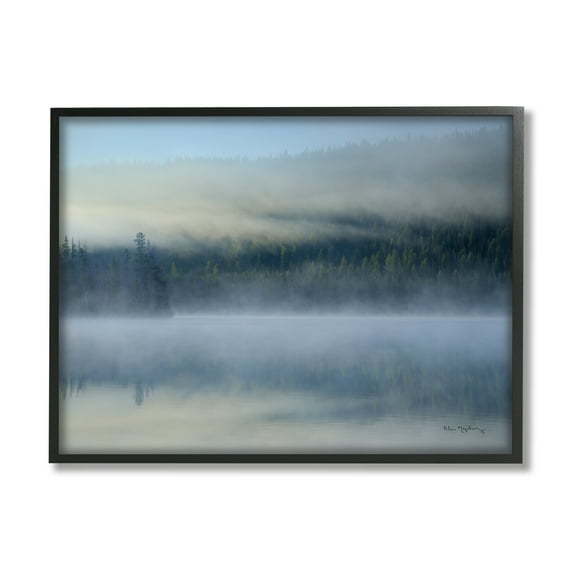 Stupell Industries Foggy Mountain Lake Scenery Nature Photography Black Framed Art Print Wall Art, 14 x 11