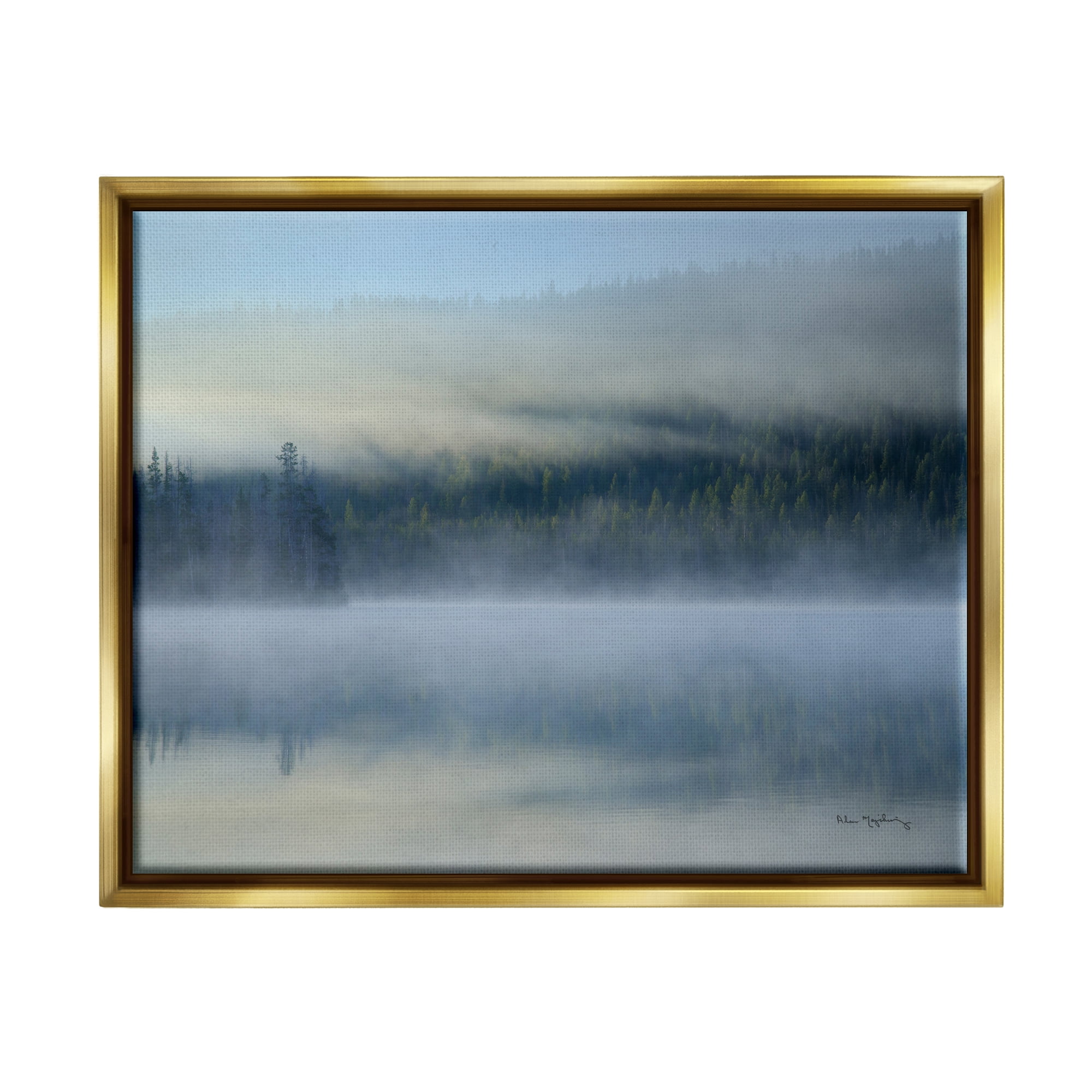 Stupell Industries Foggy Mountain Lake Scenery Nature Photography Gold Floater Framed Art Print Wall Art, 21 x 17
