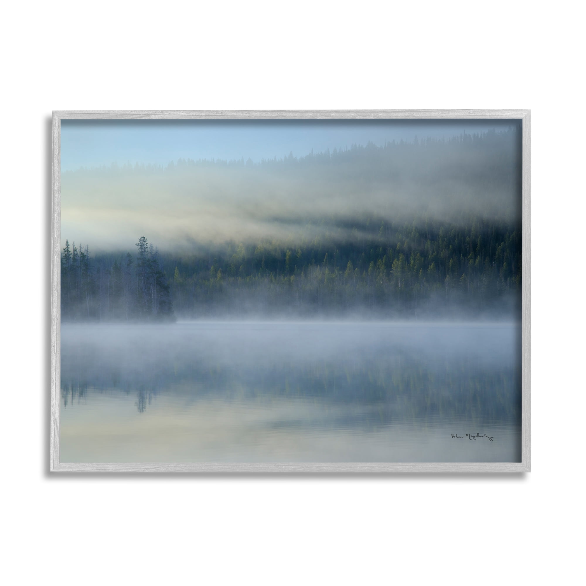 Stupell Industries Foggy Mountain Lake Scenery Nature Photography Gray Framed Art Print Wall Art, 20 x 16