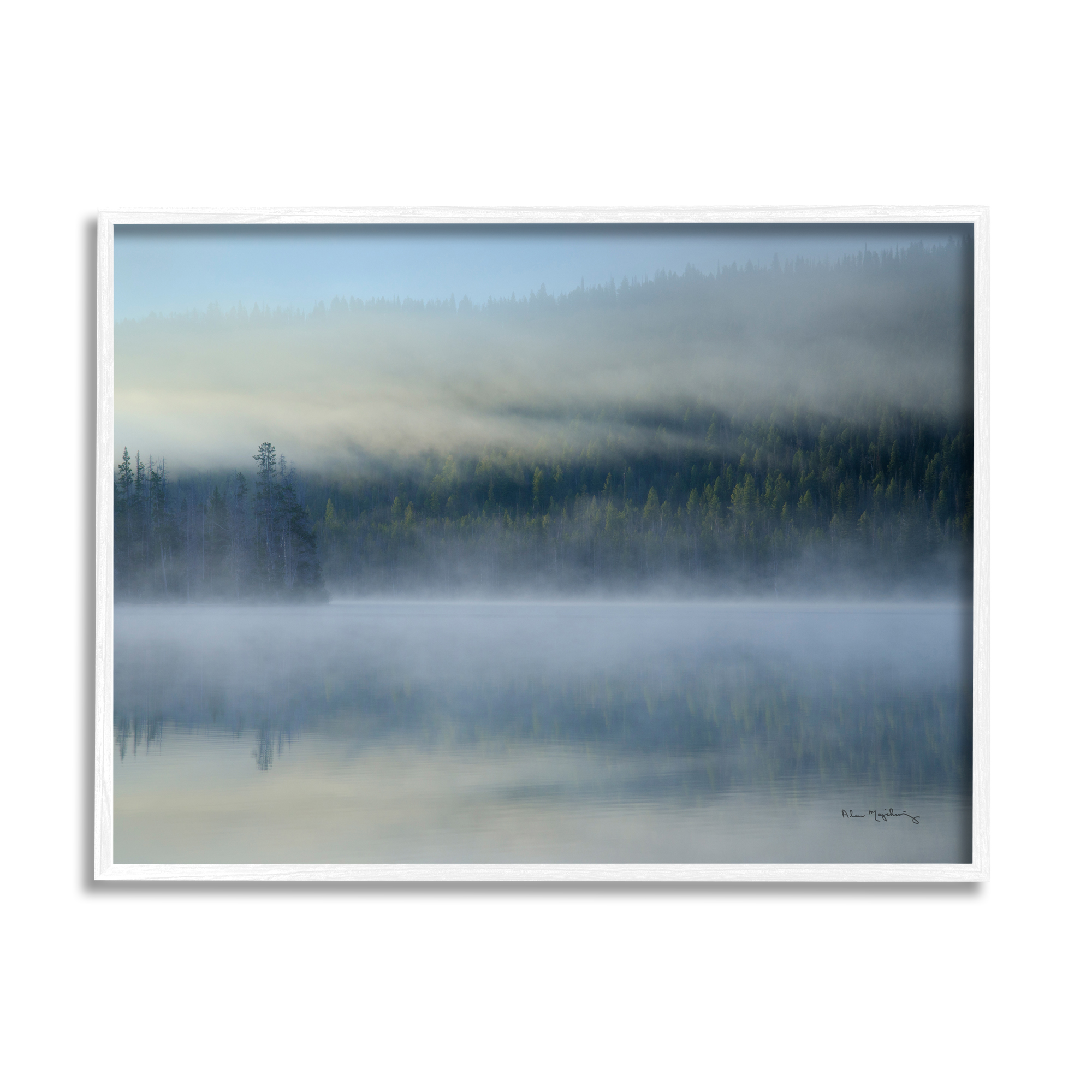 Stupell Industries Foggy Mountain Lake Scenery Nature Photography White Framed Art Print Wall Art, 30 x 24
