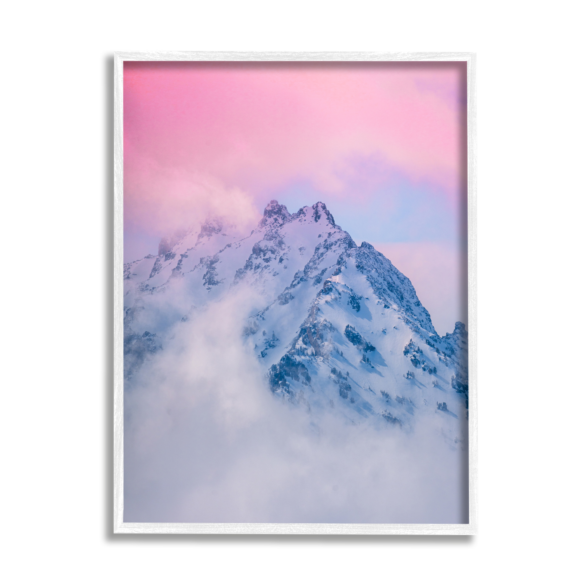 Stupell Industries Foggy Mountain Pink Sky Landscape Photography White Framed Art Print Wall Art, 16 x 20