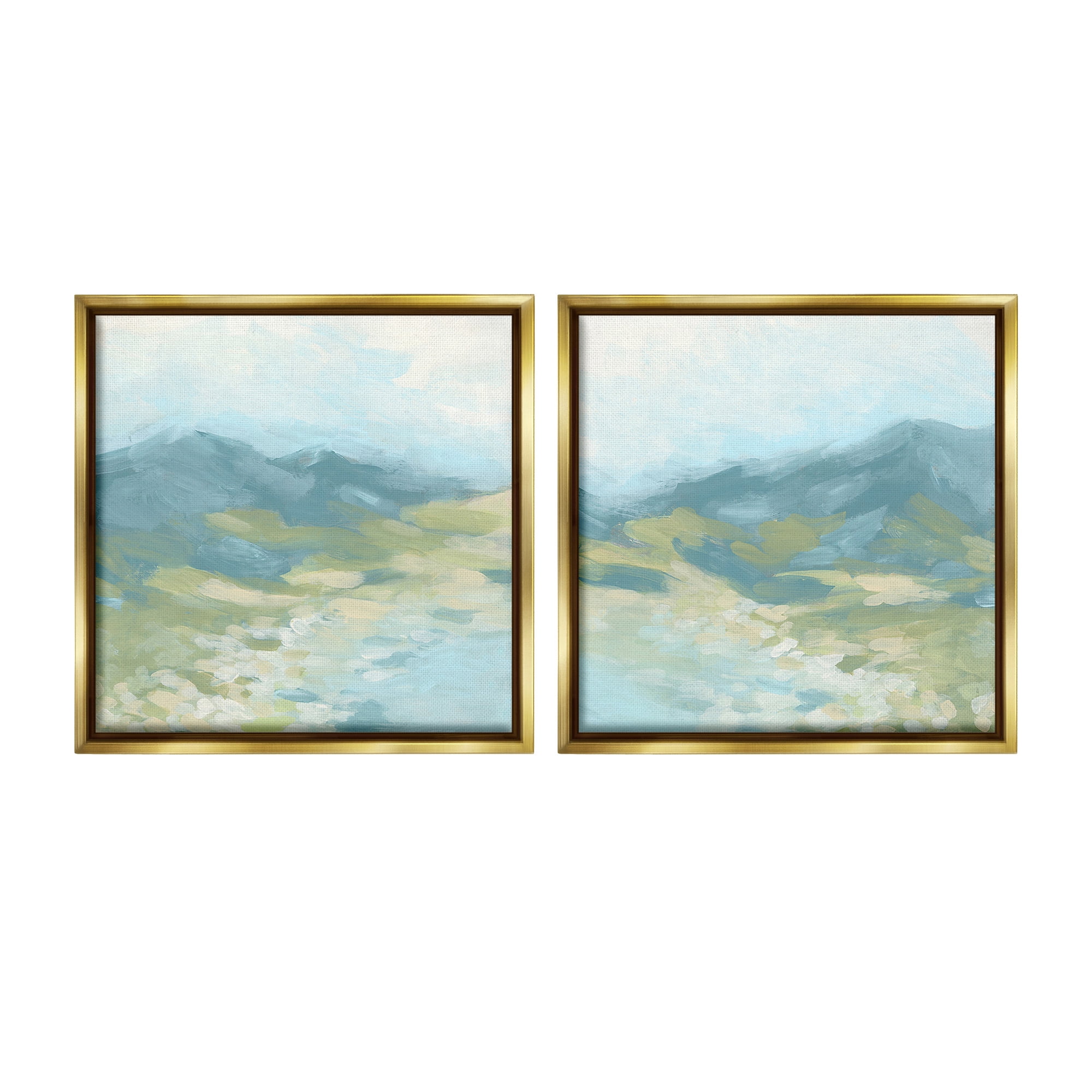 Stupell Industries Foggy Mountain Pond Landscape Painting Gold Floater Framed Canvas Art Print Wall Art, 25 x 25, Set of 2