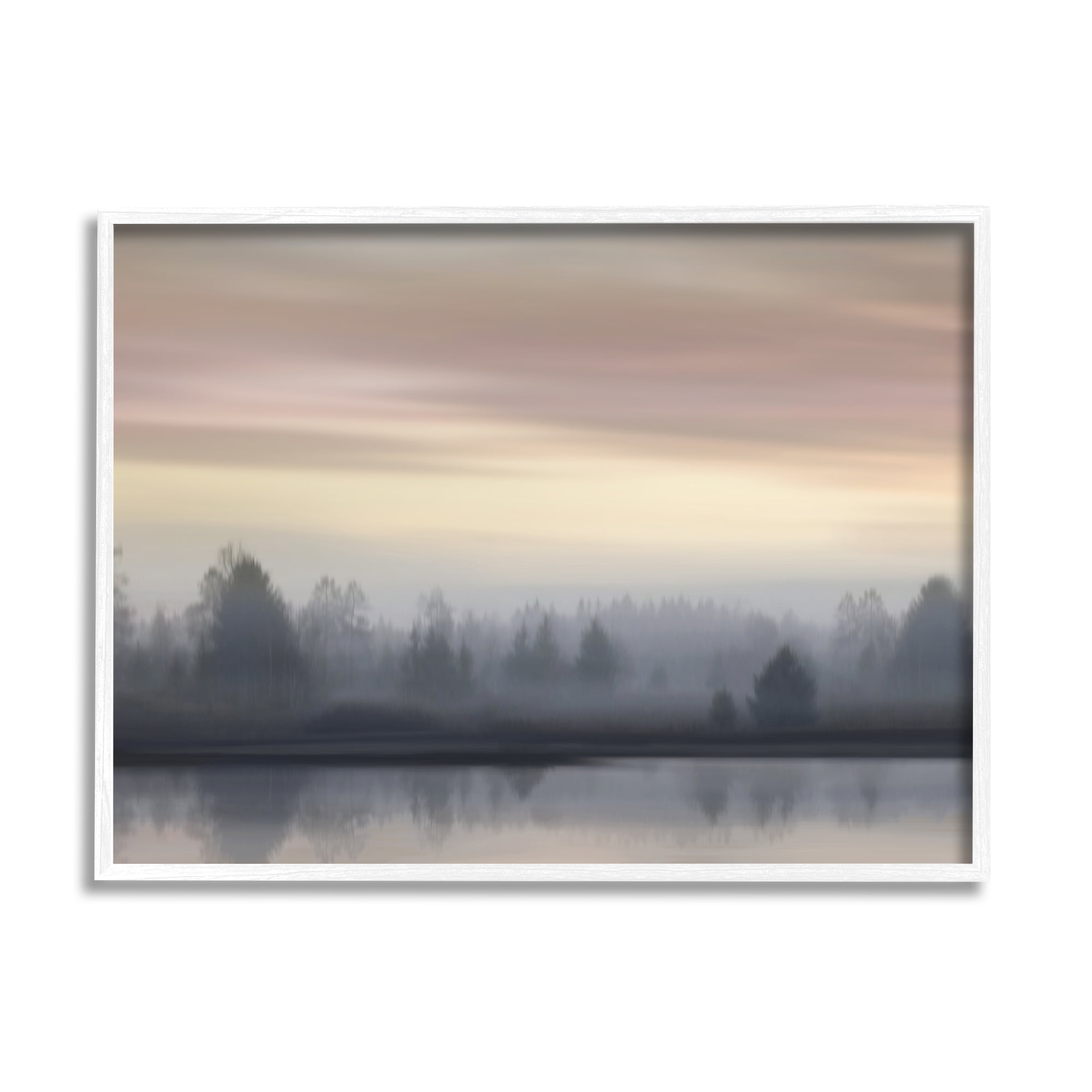 White Framed Foggy Pond Reflection Landscape Canvas Print, 20 x 16