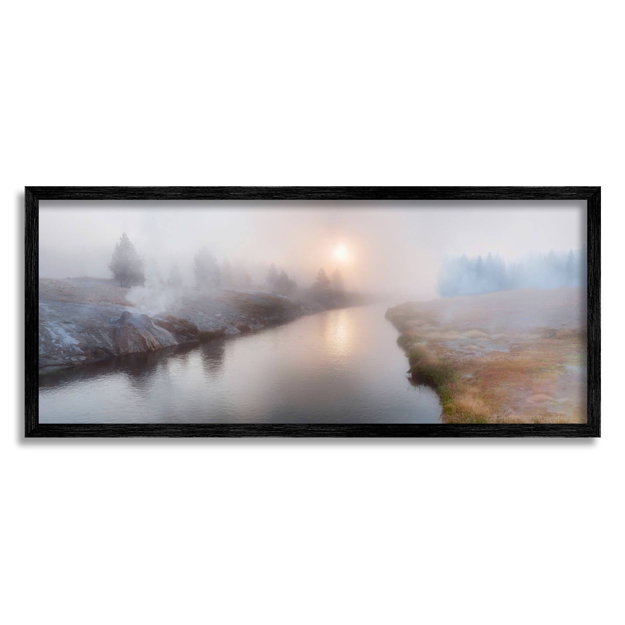 Stupell Industries Foggy River at Dawn Nature Photography Black Framed Art Print Wall Art, 24 x 10