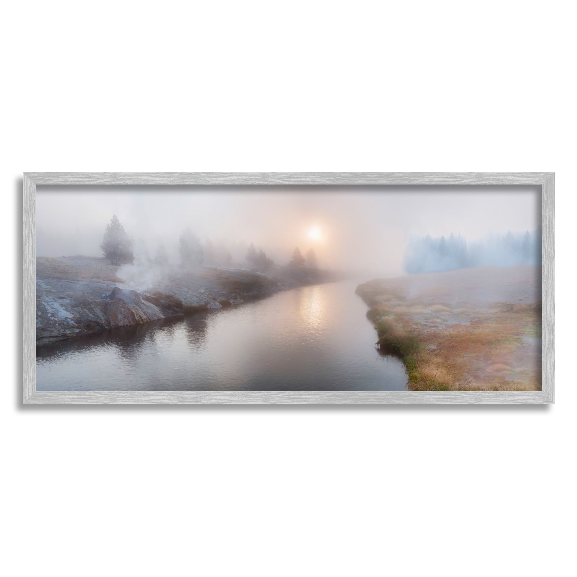 Stupell Industries Foggy River at Dawn Nature Photography Gray Framed Art Print Wall Art, 30 x 13