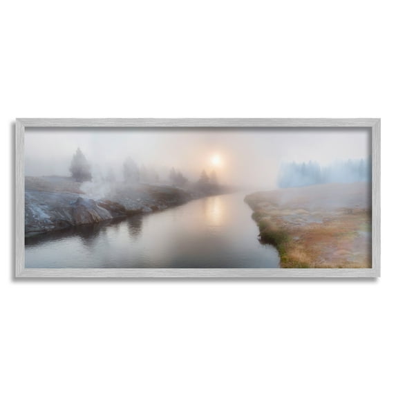 Stupell Industries Foggy River at Dawn Nature Photography Gray Framed Art Print Wall Art, 30 x 13
