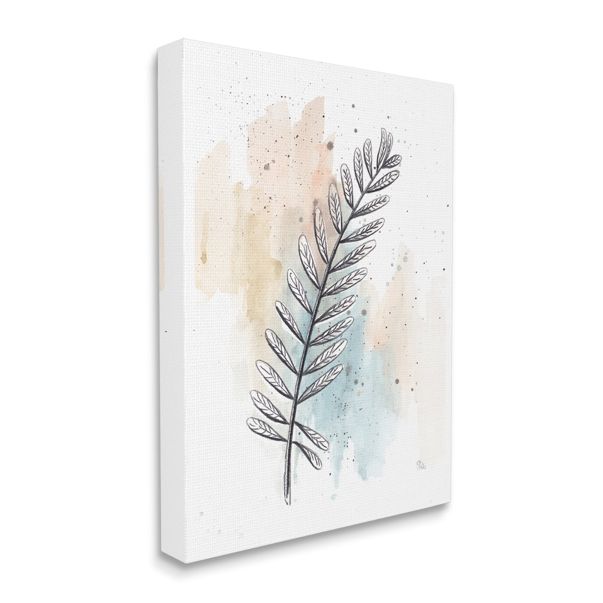 Blue Beige Watercolor Canvas Art with Plant Stem, 16 x 20
