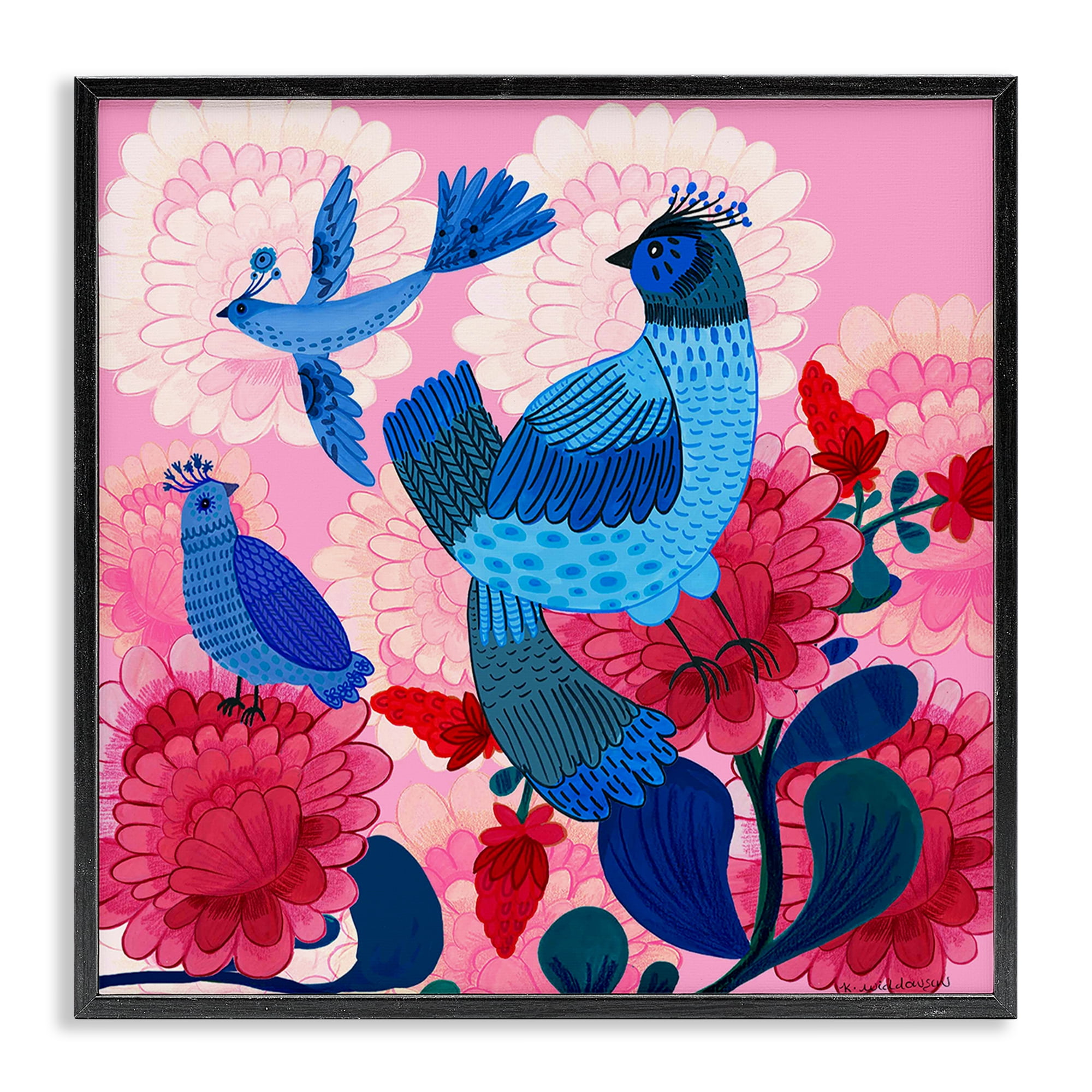 Stupell Industries Folk Birds on Dahlias Animals Painting Black Framed Art Print Wall Art, 12 x 12