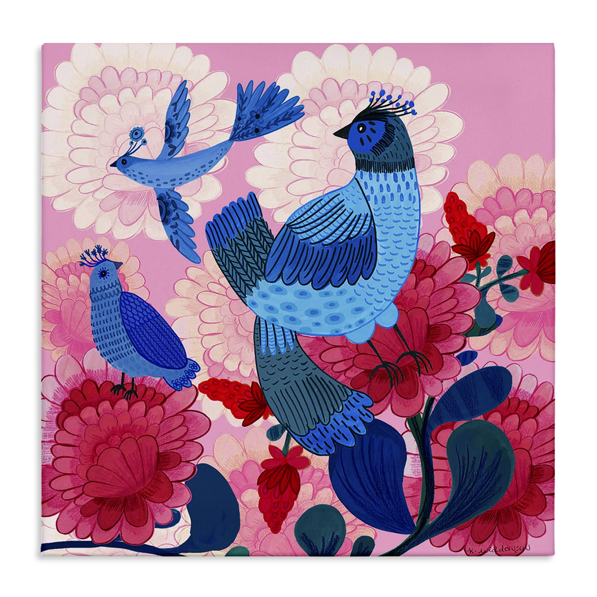 Stupell Industries Folk Birds on Dahlias Animals Painting Wrapped Canvas Canvas Art Print Wall Art, 36 x 36