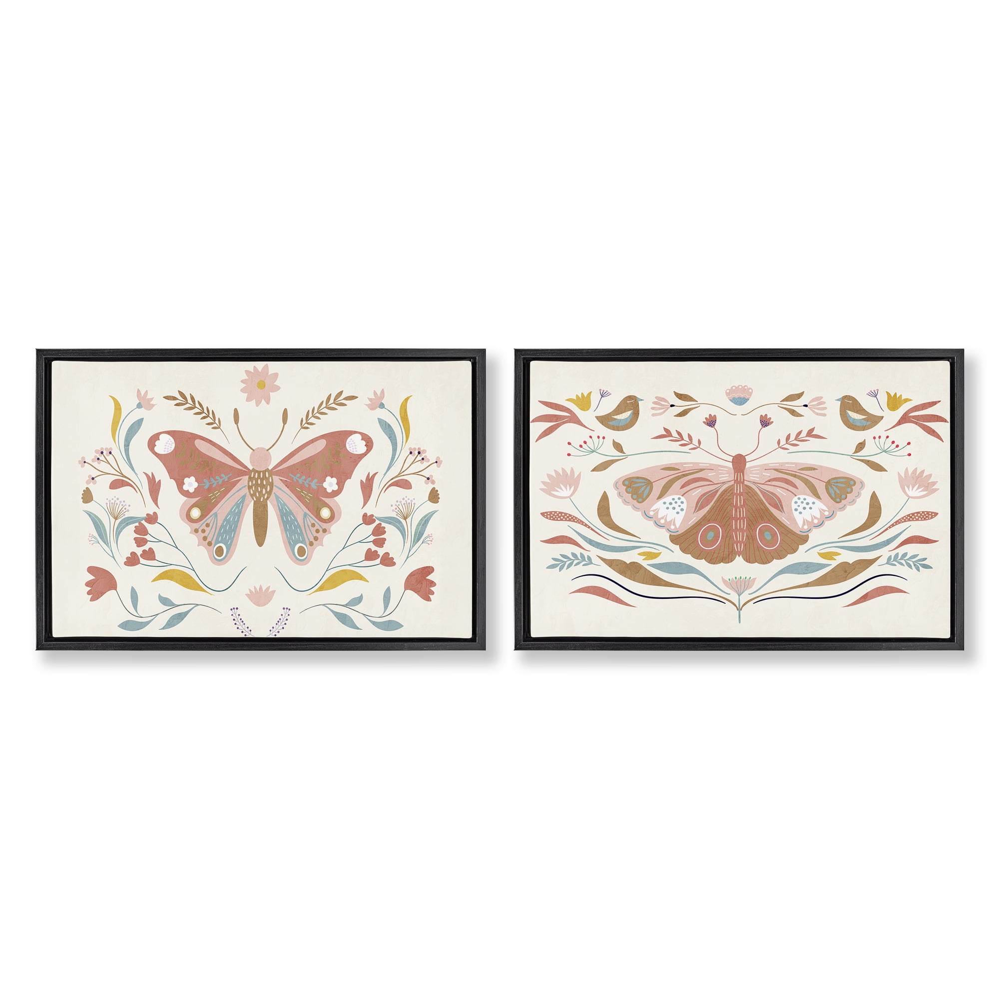 Stupell Industries Folk Butterflies & Florals Insects Painting Black Floater Framed Canvas Art Print Wall Art, 25 x 17, Set of 2