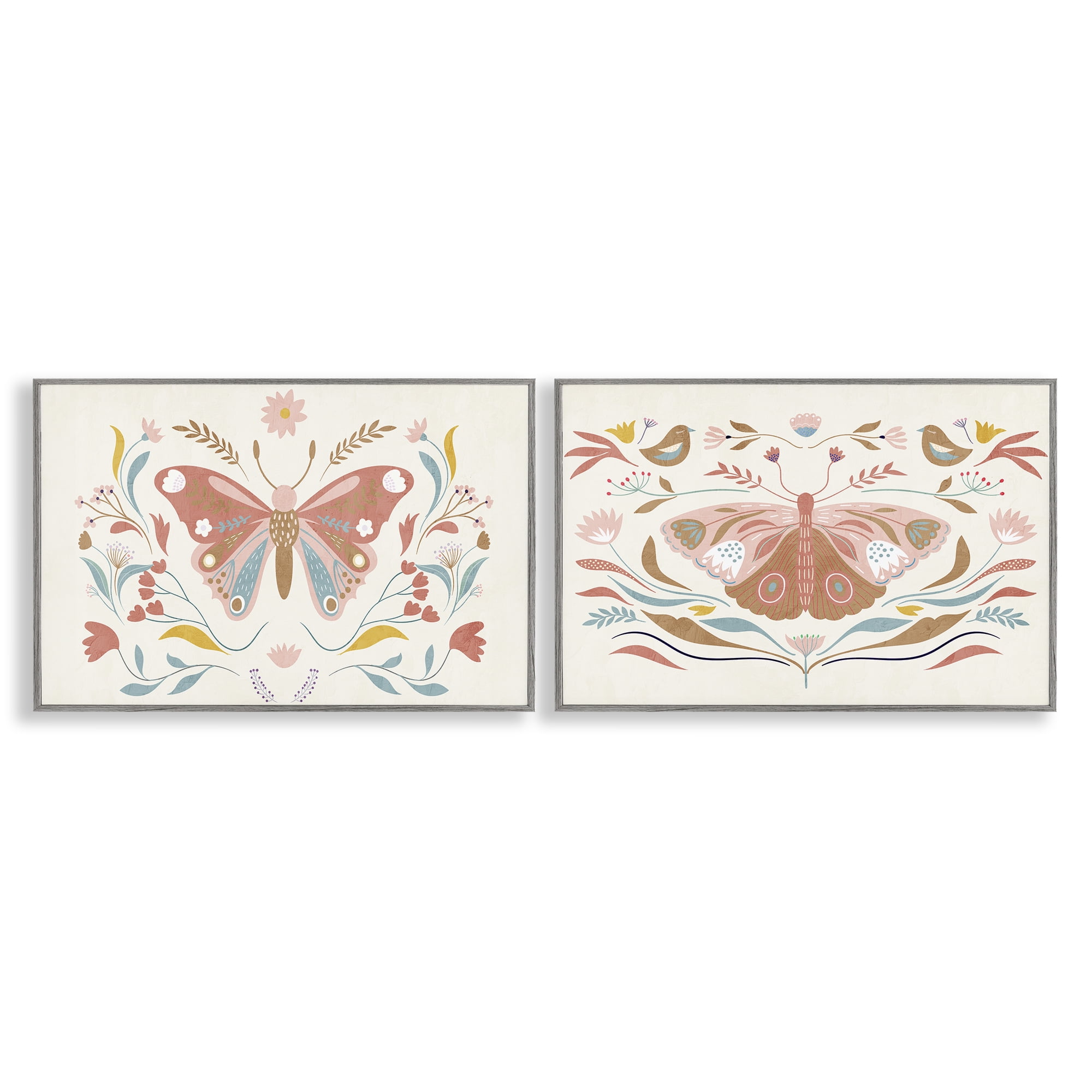 Stupell Industries Folk Butterflies & Florals Insects Painting Gray Framed Art Print Wall Art, 18 x 12, Set of 2